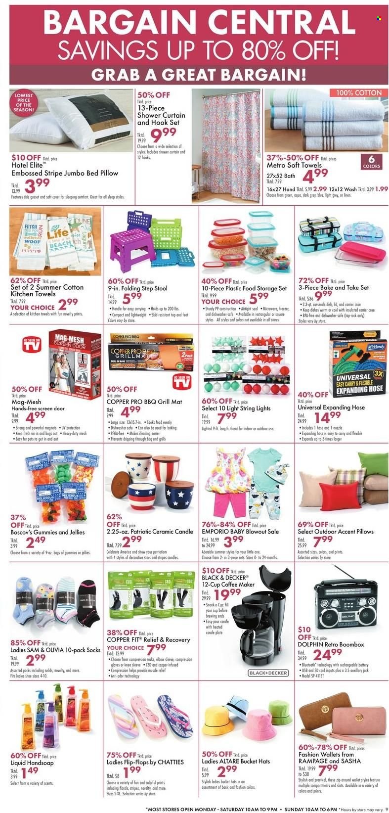 thumbnail - Boscov's Flyer - 05/26/2022 - 06/01/2022 - Sales products - shower curtain, bijzettafel, lid, plate, casserole, storage container set, candle, rechargeable battery, kitchen towels, linens, pillow, curtain, memory card, coffee machine, Black & Decker, stool, bed, socks, compression stockings, hat, wallet, string lights, grill. Page 9.