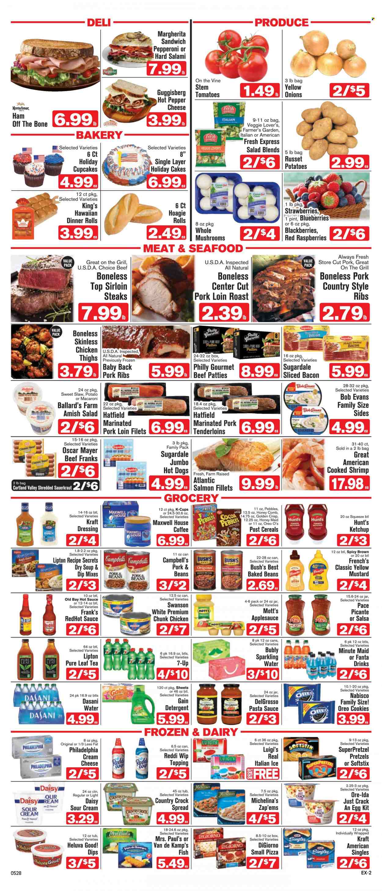 thumbnail - Shop ‘n Save Express Flyer - 05/28/2022 - 06/03/2022 - Sales products - pretzels, cake, dinner rolls, cupcake, russet potatoes, potatoes, blackberries, blueberries, strawberries, Mott's, steak, sirloin steak, Bob Evans, pork loin, pork meat, pork ribs, pork back ribs, marinated pork, country style ribs, salmon, salmon fillet, seafood, fish, shrimps, Van de Kamp's, Campbell's, hot dog, pizza, pasta sauce, sandwich, macaroni, soup, Kraft®, Sugardale, bacon, salami, ham, ham off the bone, Oscar Mayer, pepperoni, potato salad, cream cheese, Philadelphia, Kraft Singles, Oreo, sour cream, ranch dressing, Ore-Ida, SuperPretzel, cookies, cane sugar, topping, sauerkraut, baked beans, cereals, Honey Maid, pepper, mustard, hot sauce, ketchup, dressing, salsa, apple sauce, Fanta, Lipton, 7UP, fruit punch, sparkling water, Maxwell House, tea, Pure Leaf, coffee, coffee capsules, K-Cups, detergent, Gain, comb. Page 2.