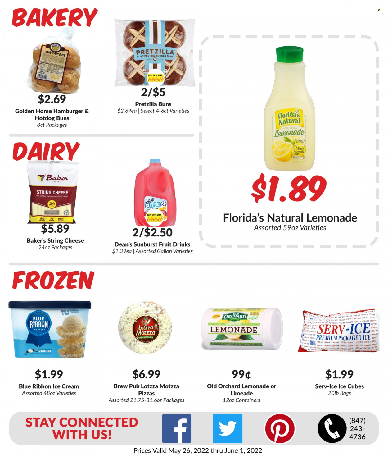 thumbnail - Woodman's Markets Flyer - 05/26/2022 - 06/01/2022 - Sales products - hot dog rolls, pretzels, Blue Ribbon, buns, burger buns, pizza, pepperoni, string cheese, ice cream, ice cubes, Florida's Natural, lemonade, calcium. Page 3.