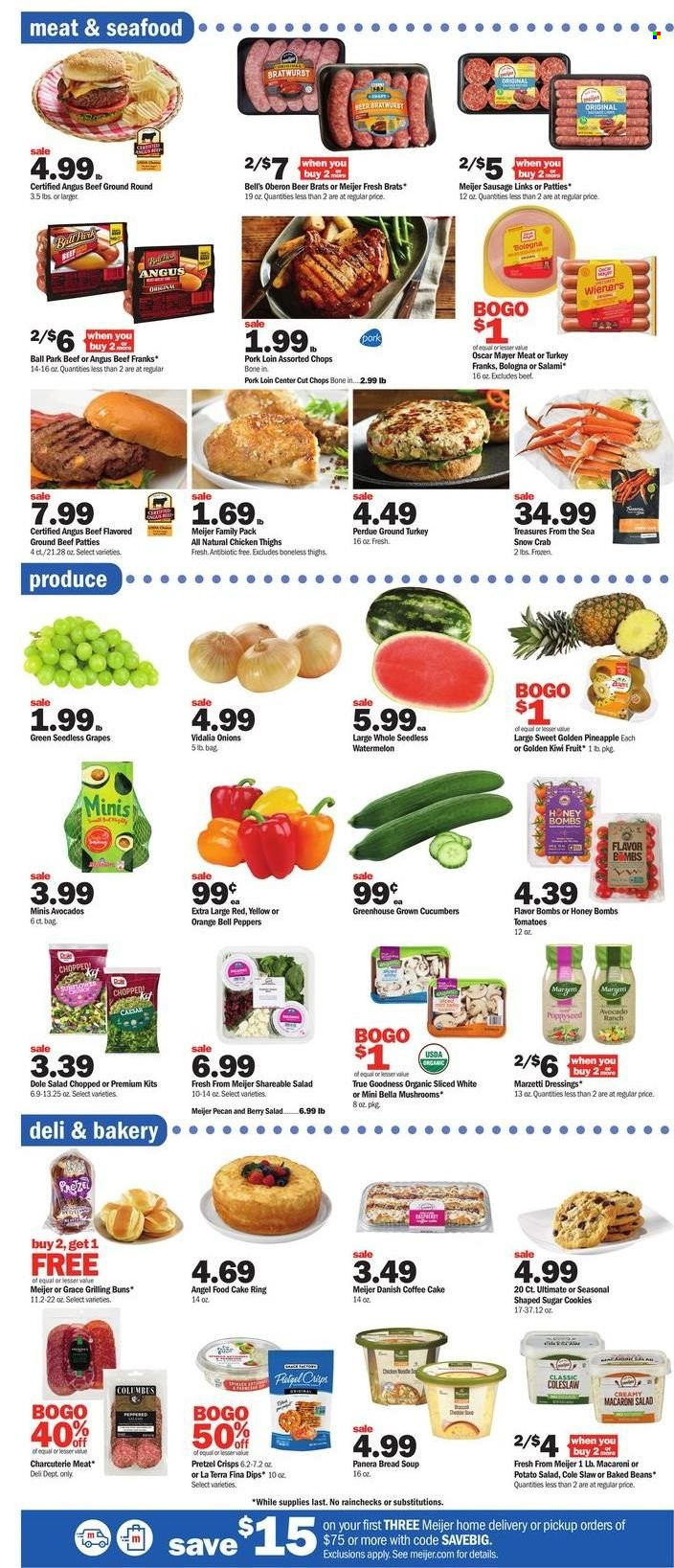 thumbnail - Meijer Flyer - 05/29/2022 - 06/04/2022 - Sales products - bread, cake, buns, Angel Food, coffee cake, bell peppers, cucumber, tomatoes, Dole, peppers, avocado, grapes, kiwi, seedless grapes, watermelon, pineapple, oranges, seafood, crab, coleslaw, soup, Perdue®, salami, bologna sausage, Oscar Mayer, bratwurst, sausage, potato salad, macaroni salad, cookies, pretzel crisps, baked beans, beer, ground turkey, chicken thighs, beef meat, ground beef, pork loin, pork meat, cake form. Page 2.
