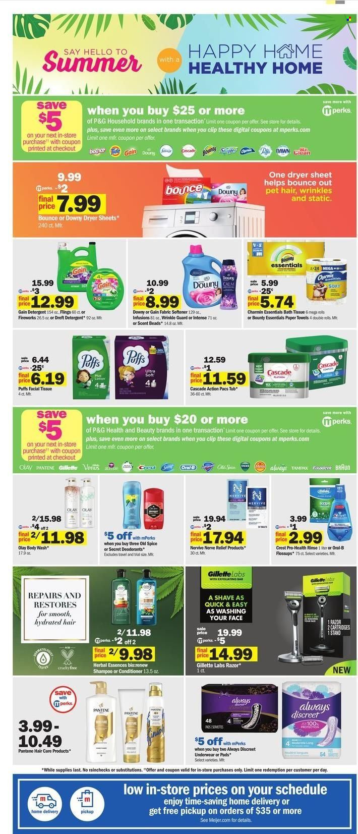 thumbnail - Meijer Flyer - 05/29/2022 - 06/04/2022 - Sales products - puffs, Bounty, spice, bath tissue, kitchen towels, paper towels, Charmin, detergent, Gain, Cascade, Tide, fabric softener, dryer sheets, Downy Laundry, body wash, shampoo, Old Spice, Oral-B, Fixodent, Crest, Tampax, sanitary pads, Always Discreet, Olay, Aussie, conditioner, Pantene, Herbal Essences, deodorant, Gillette, razor, Venus. Page 13.