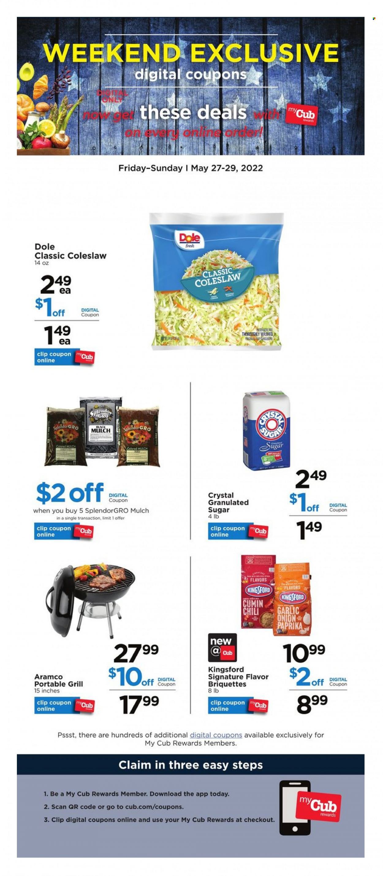 thumbnail - Cub Foods Flyer - 05/27/2022 - 05/29/2022 - Sales products - garlic, onion, Dole, coleslaw, Mars, granulated sugar, sugar, cumin. Page 1.