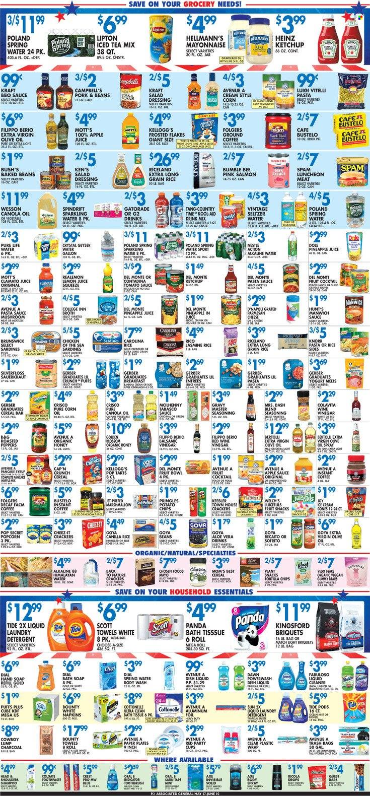 thumbnail - Associated Supermarkets Flyer - 05/27/2022 - 06/02/2022 - Sales products - mushrooms, puffs, Dole, peppers, pineapple, pears, Welch's, Mott's, salmon, sardines, Campbell's, pasta sauce, Bumble Bee, Knorr, sauce, Kraft®, Bertolli, Spam, lunch meat, parmesan, yoghurt, Blossom, mayonnaise, Hellmann’s, ice cream, marshmallows, Nestlé, ricola, Bounty, Mars, cereal bar, crackers, Kellogg's, Pop-Tarts, fruit snack, Keebler, Gerber, tortilla chips, potato chips, chips, popcorn, Cheez-It, Crisco, tabasco, broth, sauerkraut, tomato sauce, Heinz, baked beans, Goya, Manwich, cereals, corn flakes, Cap'n Crunch, Frosted Flakes, Mom's Best, rice, jasmine rice, long grain rice, spice, BBQ sauce, salad dressing, ketchup, dressing, balsamic vinegar, canola oil, extra virgin olive oil, wine vinegar, olive oil, apple sauce, honey, pancake syrup, syrup, apple juice, pineapple juice, Lipton, ice tea, tonic, Clamato, Country Time, Spindrift, Gatorade, seltzer water, spring water, sparkling water, alkaline water, lemon juice, instant coffee, Folgers, ground coffee, napkins, bath tissue, Cottonelle, Scott, detergent, cleaner, liquid cleaner, Fabuloso, Tide, laundry detergent, dishwashing liquid, Joy, Jet, body wash, shampoo, hand soap, Dial, soap, Colgate, toothbrush, toothpaste, Crest, Head & Shoulders, body spray, Axe, trash bags, bowl. Page 2.