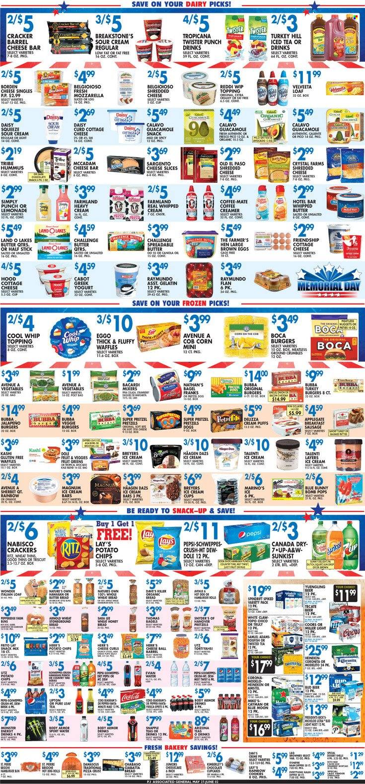thumbnail - Associated Supermarkets Flyer - 05/27/2022 - 06/02/2022 - Sales products - bagels, ciabatta, wheat bread, pretzels, pie, buns, Old El Paso, burger buns, brioche, cupcake, puffs, waffles, cream puffs, corn, kale, onion, Dole, jalapeño, oranges, hot dog, pizza, nuggets, veggie burger, bacon, sausage, hummus, guacamole, cottage cheese, shredded cheese, sliced cheese, curd, Sargento, greek yoghurt, Coffee-Mate, eggs, cage free eggs, spreadable butter, Cool Whip, sour cream, whipped cream, creamer, ice cream, ice cream bars, Häagen-Dazs, Talenti Gelato, Blue Bunny, SuperPretzel, cookies, snack, crackers, dark chocolate, RITZ, potato chips, Lay’s, Thins, topping, canola oil, oil, honey, Canada Dry, Coca-Cola, lemonade, Schweppes, Sprite, Pepsi, Fanta, Body Armor, energy drink, Monster, Lipton, ice tea, Diet Pepsi, Monster Energy, AriZona, Snapple, A&W, Tropicana Twister, Spindrift, Evian, Pure Leaf, Bacardi, punch, White Claw, TRULY, beer, Corona Extra, Heineken, Miller, Beck's, Sol, Modelo, turkey burger, bowl, gelatin, Nature's Own, Coors, Blue Moon, Twisted Tea. Page 3.
