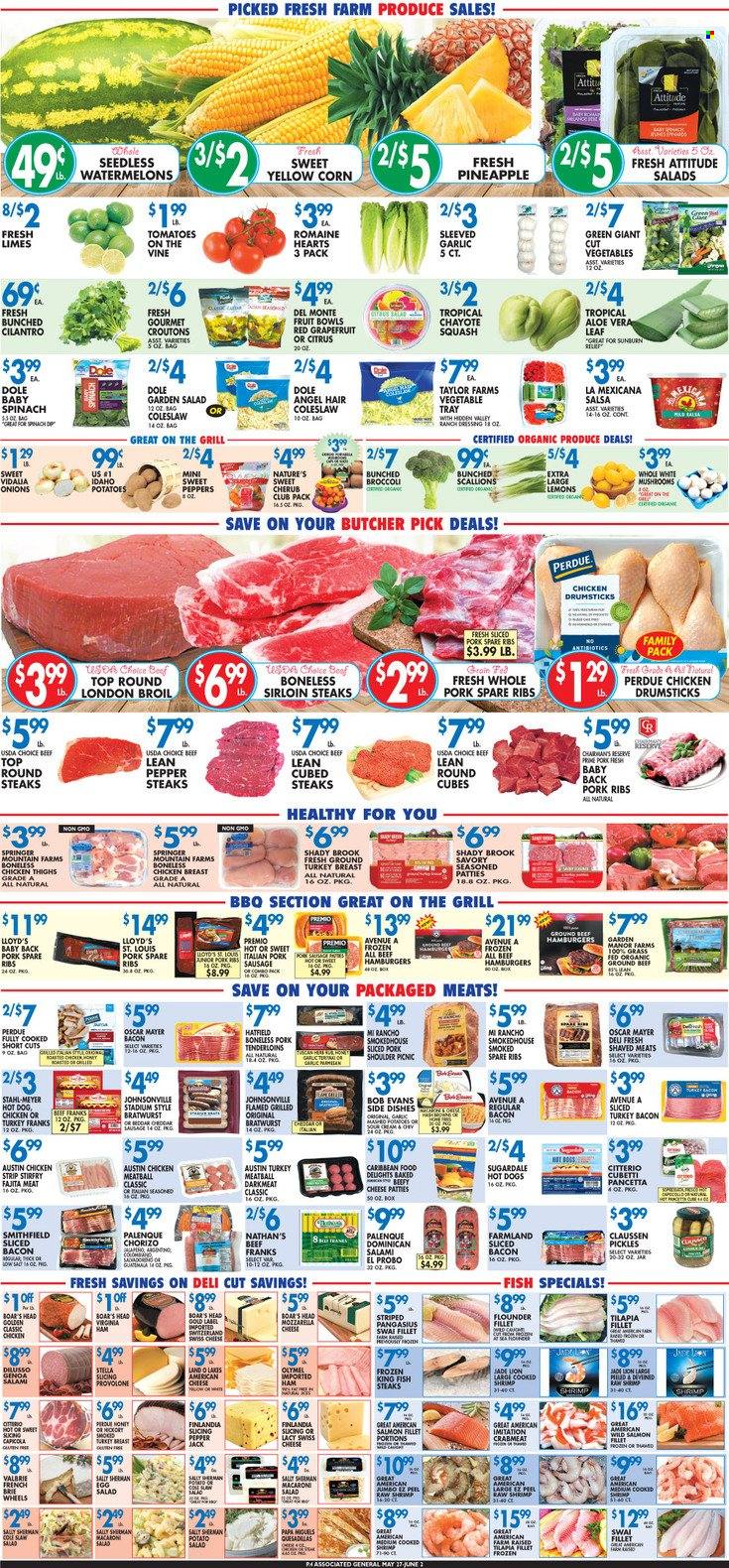 thumbnail - Associated Supermarkets Flyer - 05/27/2022 - 06/02/2022 - Sales products - mushrooms, broccoli, corn, garlic, spinach, sweet peppers, tomatoes, potatoes, onion, Dole, peppers, chayote squash, grapefruits, limes, pineapple, chayote, crab meat, flounder, salmon, salmon fillet, tilapia, pangasius, fish, king fish, shrimps, fish steak, swai fillet, coleslaw, hot dog, macaroni, fajita, Perdue®, Bob Evans, Sugardale, bacon, salami, sliced turkey, turkey bacon, ham, pancetta, chorizo, virginia ham, Johnsonville, Oscar Mayer, bratwurst, sausage, pork sausage, potato salad, american cheese, mozzarella, swiss cheese, brie, Provolone, eggs, ranch dressing, croutons, pickles, cilantro, pepper, dressing, salsa, beer, Sol, ground turkey, chicken breasts, chicken thighs, chicken drumsticks, beef meat, ground beef, steak, sirloin steak, pork meat, pork ribs, pork shoulder, pork tenderloin, pork spare ribs, pork back ribs, lemons. Page 4.
