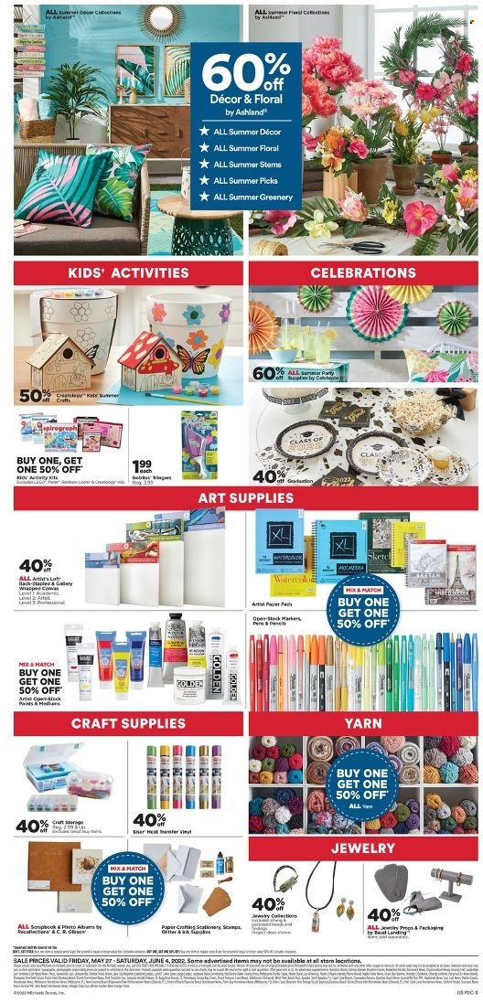 thumbnail - Michaels Flyer - 05/27/2022 - 06/04/2022 - Sales products - spirograph, paper, canvas, craft supplies, party supplies, knitting wool. Page 2.