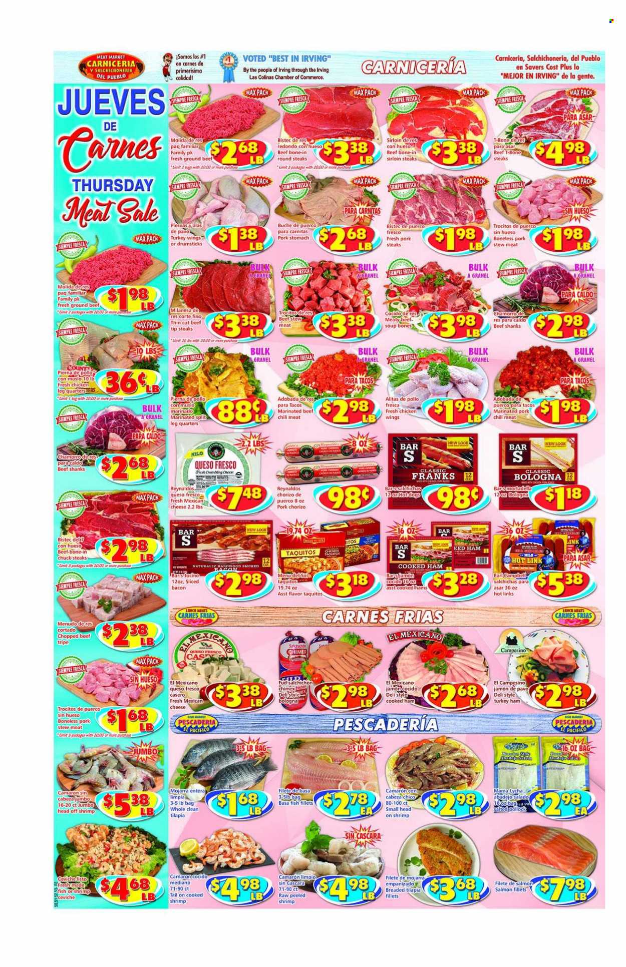 thumbnail - Savers Cost Plus Flyer - 05/25/2022 - 05/31/2022 - Sales products - stew meat, fish fillets, salmon, salmon fillet, tilapia, pollock, fish, hot dog, soup, Menu Del Sol, taquitos, bacon, cooked ham, mortadella, ham, chorizo, bologna sausage, queso fresco, cheese, chicken wings, chicken legs, turkey wings, beef meat, beef tripe, ground beef, t-bone steak, steak, sirloin steak, marinated beef, pork chops, pork meat, marinated pork. Page 2.