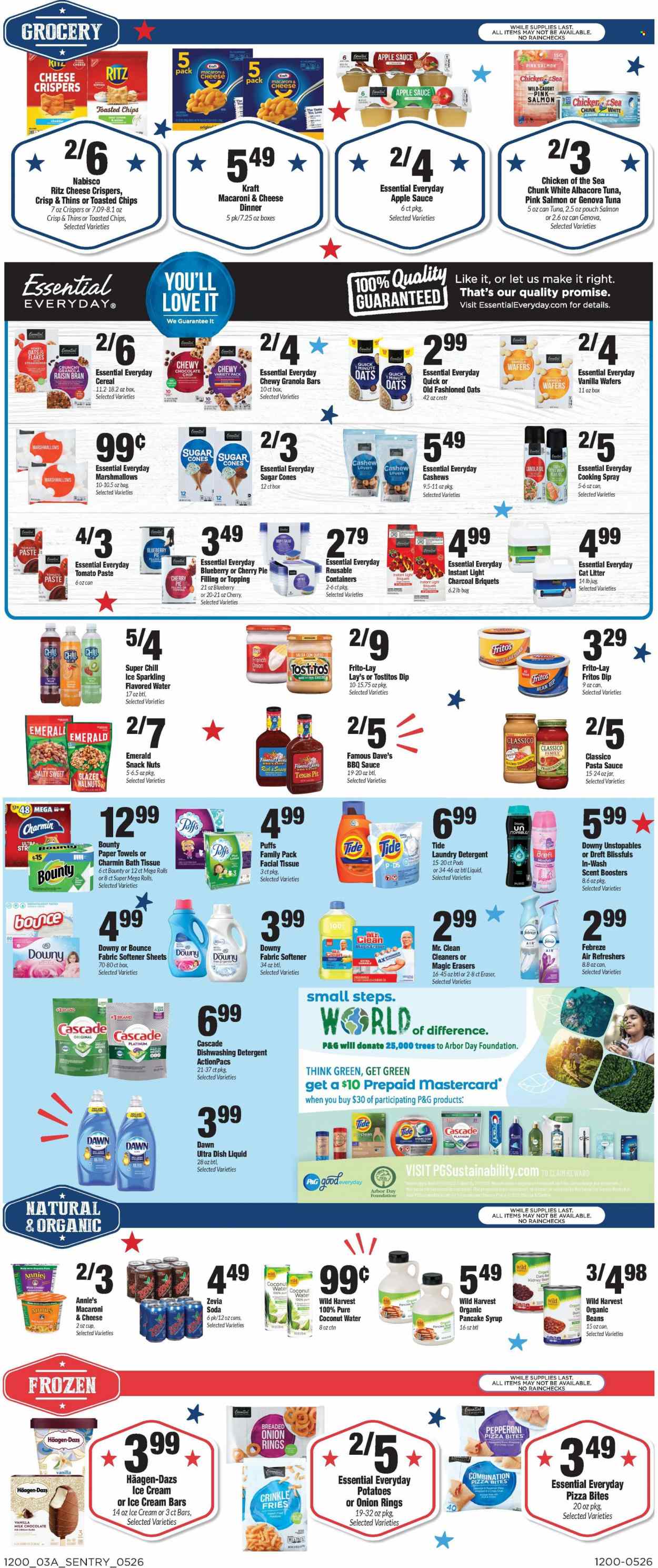 thumbnail - Sentry Foods Flyer - 05/26/2022 - 06/01/2022 - Sales products - puffs, cherry pie, beans, potatoes, Wild Harvest, strawberries, salmon, macaroni & cheese, pizza, pasta sauce, onion rings, soup, sauce, Annie's, Kraft®, sausage, pepperoni, dip, ice cream, ice cream bars, Häagen-Dazs, potato fries, crinkle fries, marshmallows, wafers, snack, Bounty, RITZ, Fritos, Lay’s, Thins, Frito-Lay, Tostitos, sugar, pie filling, cherry pie filling, topping, tomato paste, tuna in water, Chicken of the Sea, cereals, granola bar, Raisin Bran, BBQ sauce, salsa, Classico, canola oil, cooking spray, extra virgin olive oil, olive oil, oil, apple sauce, honey, pancake syrup, syrup, cashews, walnuts, coconut water, flavored water, soda, bath tissue, kitchen towels, paper towels, Charmin, detergent, Febreze, Cascade, Tide, Unstopables, fabric softener, laundry detergent, Bounce, scent booster, Downy Laundry, dishwashing liquid, Crest, body lotion. Page 3.