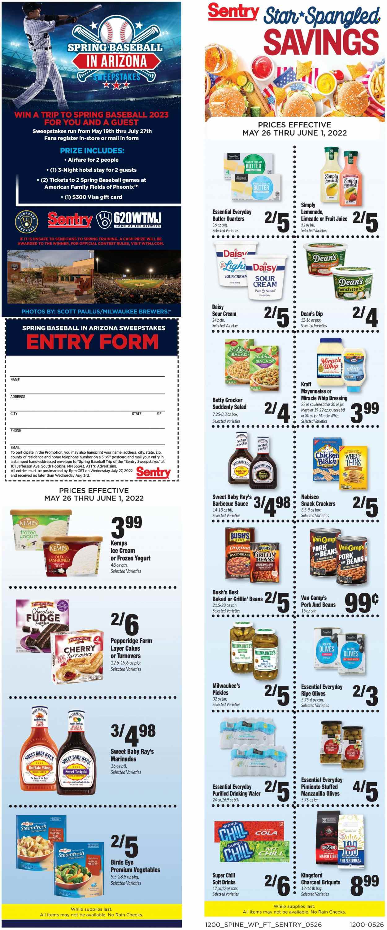 thumbnail - Sentry Foods Flyer - 05/26/2022 - 06/01/2022 - Sales products - turnovers, potatoes, red potatoes, cherries, seafood, Bird's Eye, Kraft®, Kemps, yoghurt, butter, sour cream, mayonnaise, Miracle Whip, frozen vegetables, fudge, snack, crackers, Thins, cane sugar, brewer, pickles, olives, baked beans, dill, BBQ sauce, dressing, marinade, teriyaki sauce, wing sauce, honey, lemonade, juice, fruit juice, soft drink, bourbon, Scott. Page 5.