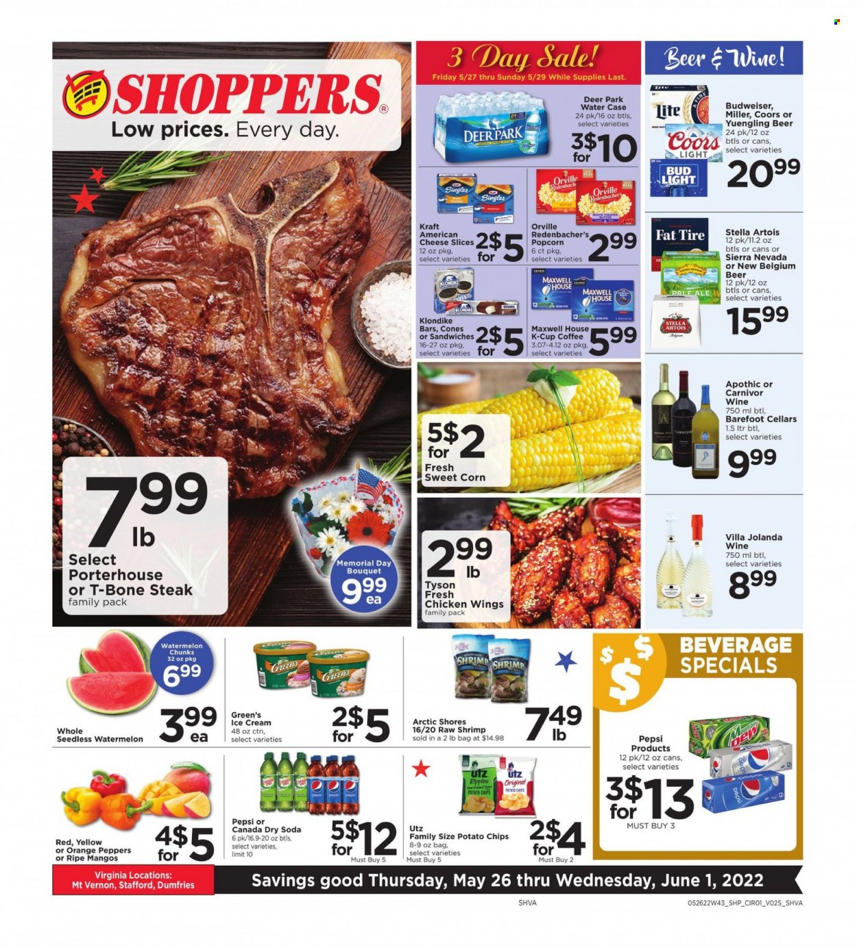 thumbnail - Shoppers Flyer - 05/26/2022 - 06/01/2022 - Sales products - corn, peppers, sweet corn, watermelon, oranges, shrimps, Arctic Shores, sandwich, Kraft®, american cheese, sliced cheese, cheese, butter, ice cream, chicken wings, potato chips, chips, popcorn, Canada Dry, Pepsi, soda, Maxwell House, coffee, coffee capsules, K-Cups, Keurig, wine, beer, Bud Light, Miller, beef meat, t-bone steak, steak, Budweiser, Stella Artois, Coors, Yuengling. Page 1.