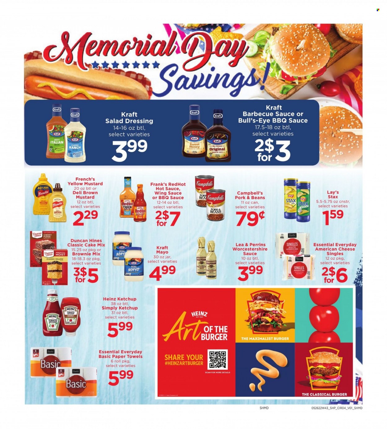 thumbnail - Shoppers Flyer - 05/26/2022 - 06/01/2022 - Sales products - brownie mix, cake mix, beans, Campbell's, hamburger, Kraft®, american cheese, milk, mayonnaise, fudge, Lay’s, Heinz, BBQ sauce, mustard, salad dressing, worcestershire sauce, hot sauce, ketchup, dressing, wing sauce. Page 4.