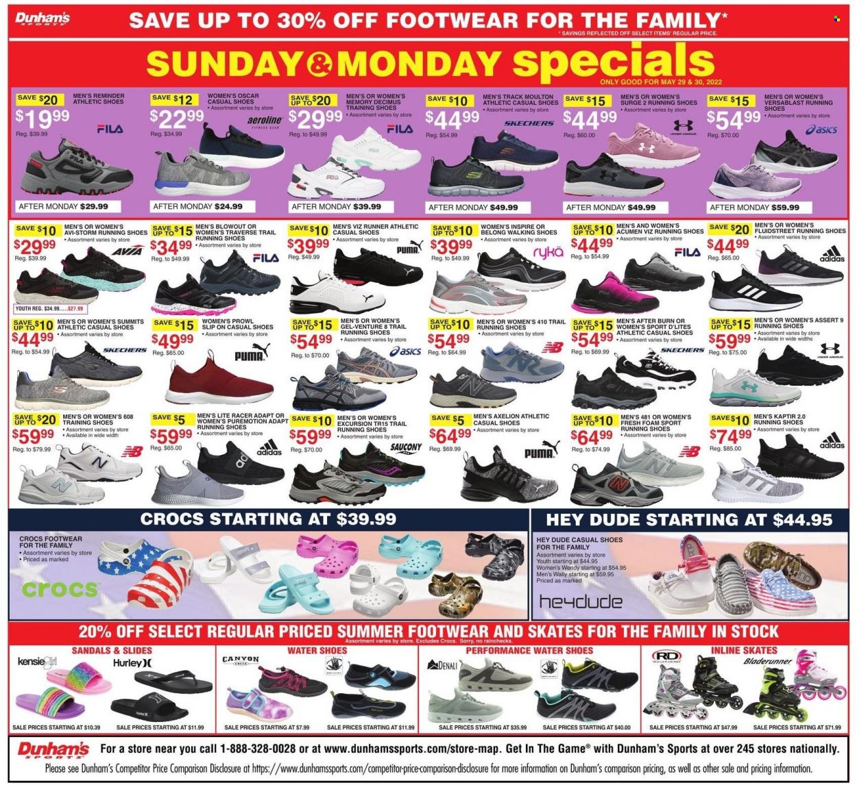 thumbnail - Dunham's Sports Flyer - 05/28/2022 - 06/02/2022 - Sales products - Adidas, Asics, Fila, running shoes, sandals, shoes, slides, Puma, Skechers, Saucony, athletic shoes, Ryka, water shoes, inline skates, skates. Page 2.