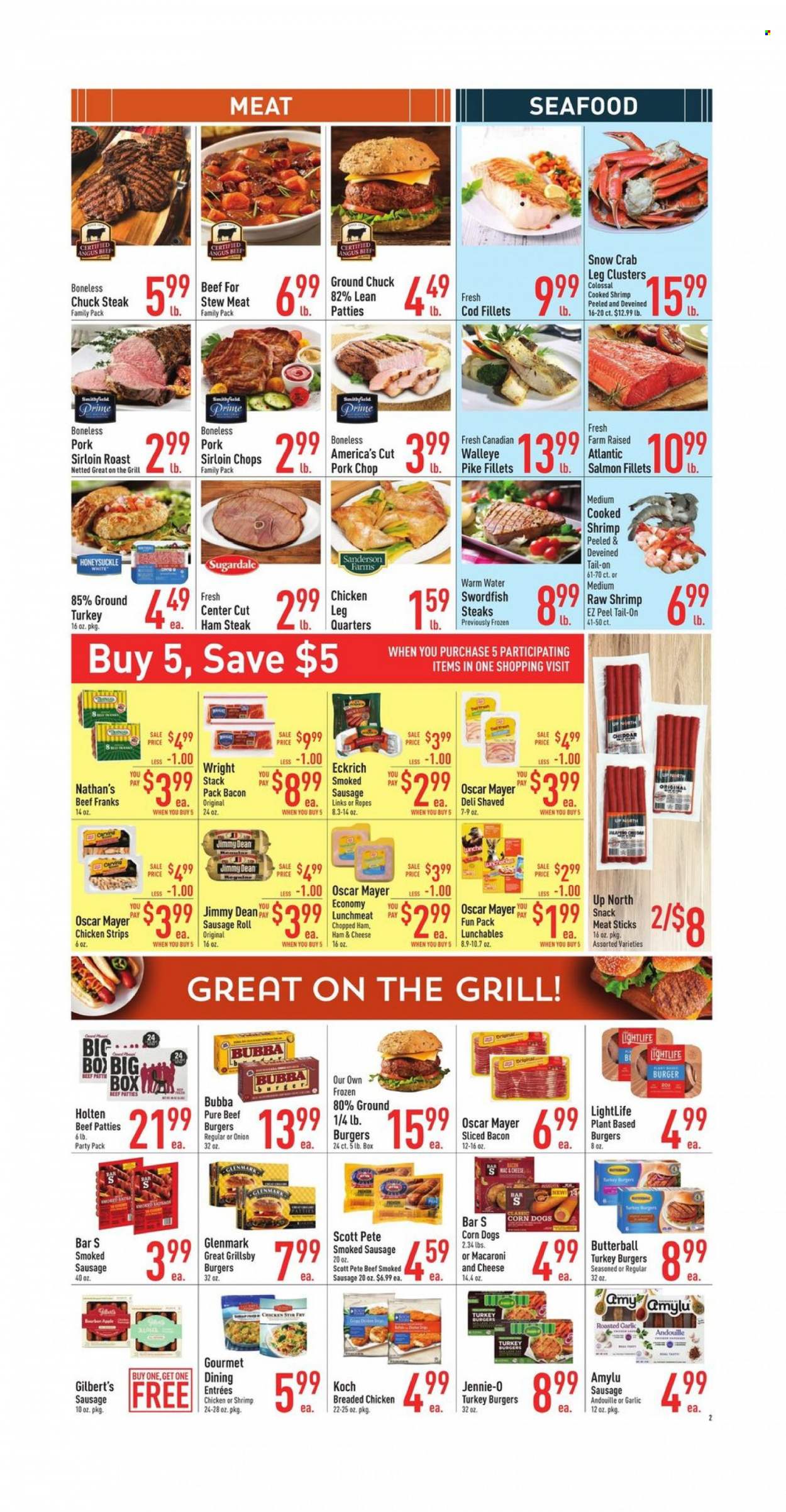 thumbnail - Strack & Van Til Flyer - 05/25/2022 - 05/31/2022 - Sales products - stew meat, sausage rolls, tart, garlic, onion, cod, salmon, salmon fillet, swordfish, seafood, crab, shrimps, walleye, fried chicken, beef burger, Lunchables, Jimmy Dean, Sugardale, bacon, Butterball, ham, Oscar Mayer, sausage, smoked sausage, Gilbert’s, lunch meat, ham steaks, cheddar, strips, chicken strips, snack, chicken legs, beef meat, ground chuck, steak, chuck steak, turkey burger, pork chops, pork loin, pork meat. Page 2.