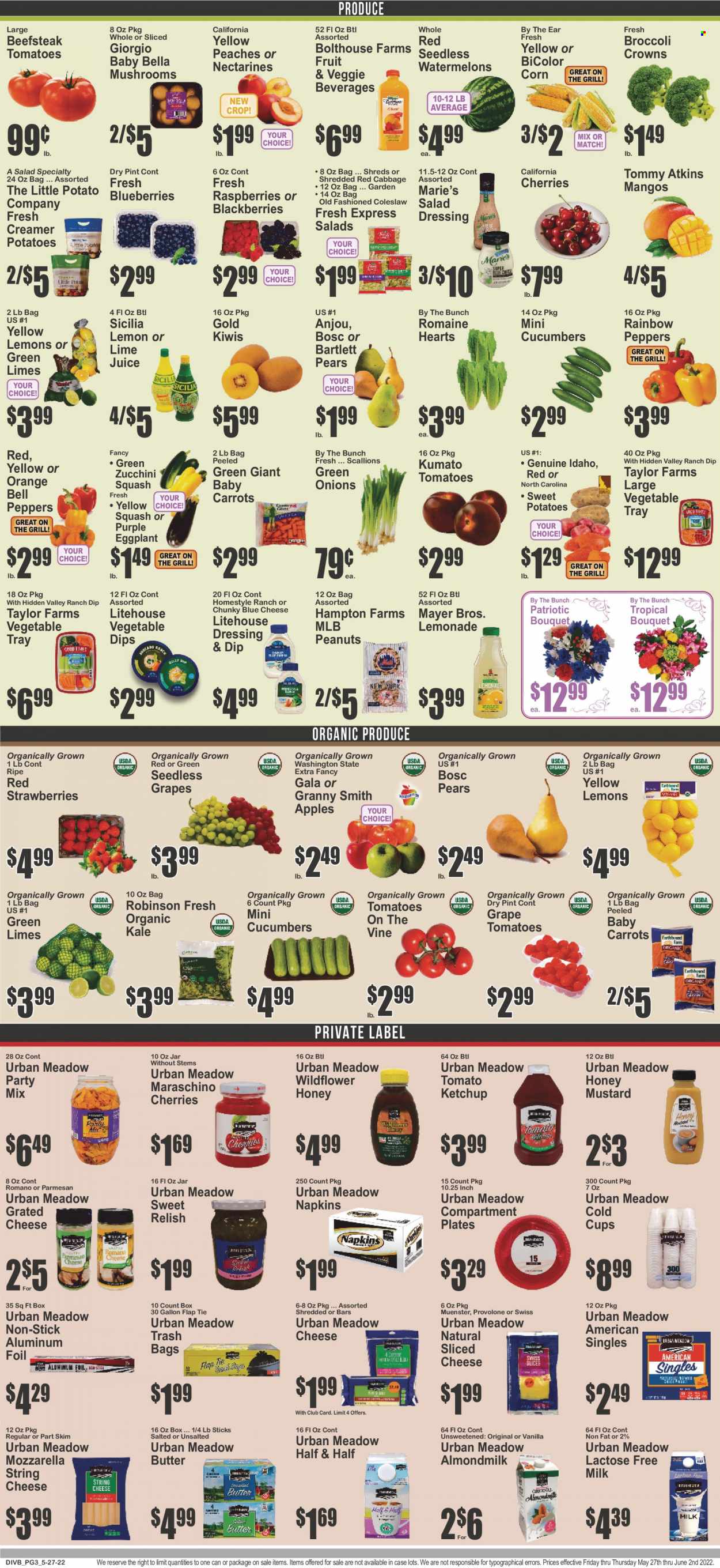 thumbnail - Super Fresh Flyer - 05/27/2022 - 06/02/2022 - Sales products - mushrooms, bell peppers, cabbage, carrots, corn, cucumber, sweet potato, tomatoes, zucchini, kale, potatoes, peppers, eggplant, apples, Bartlett pears, blackberries, Gala, kiwi, limes, seedless grapes, strawberries, pears, oranges, Granny Smith, coleslaw, mozzarella, sliced cheese, string cheese, parmesan, Münster cheese, grated cheese, Provolone, almond milk, milk, lactose free milk, butter, dip, Maraschino cherries, mustard, salad dressing, honey mustard, ketchup, dressing, peanuts, lemonade, napkins, nectarines, Half and half, lemons, peaches. Page 3.