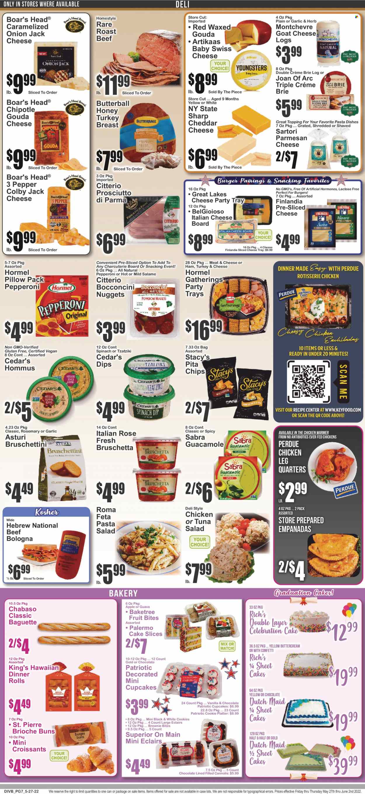 thumbnail - Super Fresh Flyer - 05/27/2022 - 06/02/2022 - Sales products - baguette, cake, dinner rolls, croissant, buns, brioche, cupcake, brownies, onion, guava, tuna, enchiladas, chicken enchiladas, chicken roast, nuggets, hamburger, pasta, Perdue®, pasta sides, Hormel, bruschetta, Butterball, prosciutto, bologna sausage, pepperoni, tzatziki, hummus, guacamole, tuna salad, pasta salad, bocconcini, Colby cheese, goat cheese, gouda, sliced cheese, swiss cheese, parmesan, brie, Montchevre, cookies, chocolate, Celebration, chips, pita chips, topping, rosemary, honey, wine, rosé wine, turkey breast, chicken legs, beef meat, roast beef, Half and half. Page 7.