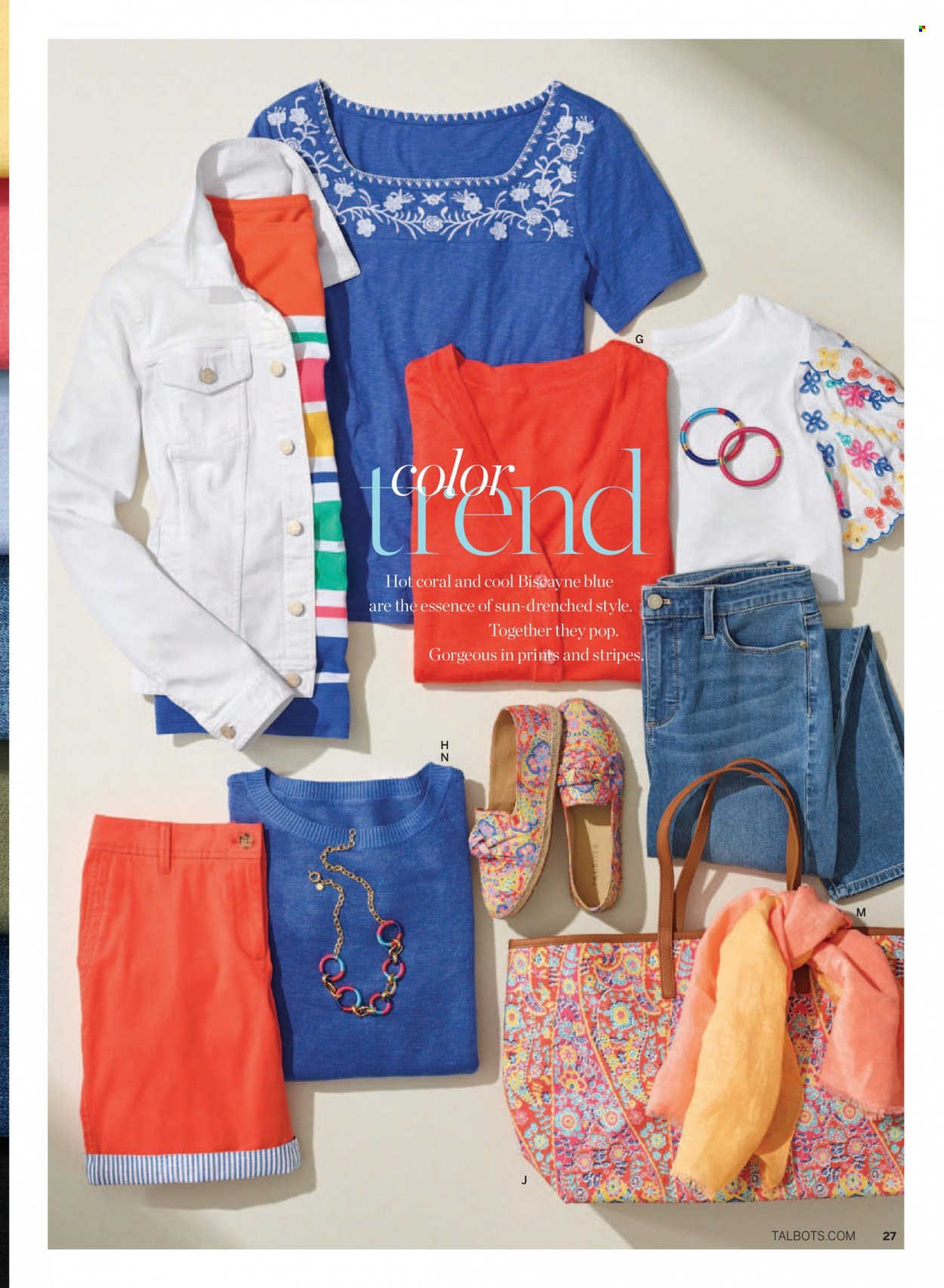 thumbnail - Talbots Flyer - 05/01/2022 - 05/31/2022 - Sales products - slides, jacket, shorts, t-shirt, cardigan, scarf, tote, earrings, necklace. Page 27.
