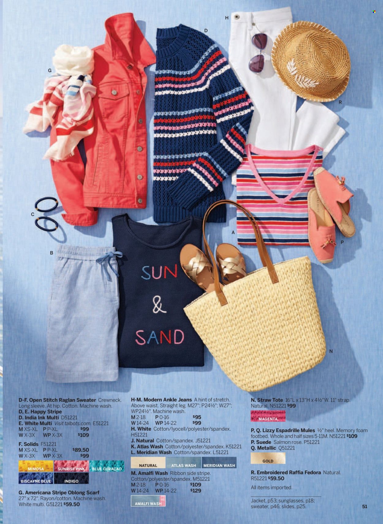 thumbnail - Talbots Flyer - 06/01/2022 - 06/30/2022 - Sales products - slides, jacket, shorts, jeans, t-shirt, sweater, scarf, tote, bracelet, sunglasses, foam footbed. Page 51.