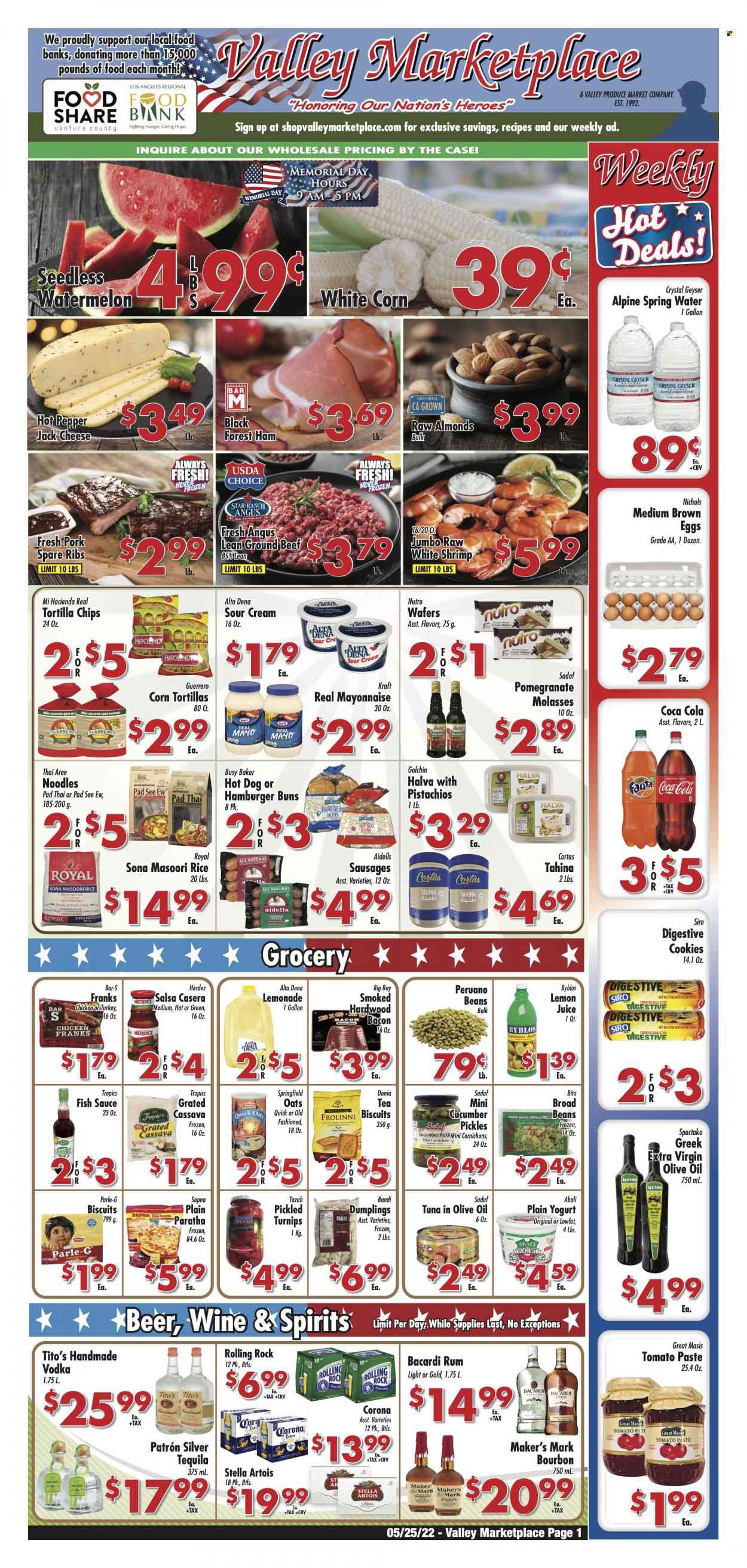 thumbnail - Valley Marketplace Flyer - 05/25/2022 - 05/31/2022 - Sales products - corn tortillas, buns, burger buns, fava beans, cassava, watermelon, tuna, fish, shrimps, sauce, dumplings, noodles, Kraft®, bacon, ham, sausage, chicken frankfurters, Pepper Jack cheese, cheese, yoghurt, eggs, sour cream, mayonnaise, cookies, wafers, biscuit, Digestive, Parle, tortilla chips, oats, tomato paste, pickles, rice, fish sauce, salsa, extra virgin olive oil, molasses, almonds, Coca-Cola, lemonade, juice, Fanta, spring water, tea, Bacardi, bourbon, rum, tequila, vodka, whisky, beer, Corona Extra, beef meat, ground beef, pork meat, pork ribs, pork spare ribs, Stella Artois, turnips, pomegranate. Page 1.