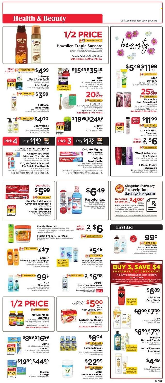 thumbnail - ShopRite Flyer - 05/29/2022 - 06/04/2022 - Sales products - shake, chocolate, Orbit, spice, oil, Boost, body wash, shampoo, Softsoap, hand soap, Old Spice, soap bar, soap, Colgate, toothbrush, toothpaste, Sensodyne, mouthwash, Garnier, L’Oréal, serum, Olay, eye cream, conditioner, Pantene, hair mask, Herbal Essences, VO5, Fructis, body lotion, anti-perspirant, deodorant, Gillette, gloves, paper, Primal, Aleve, Nature Made. Page 9.