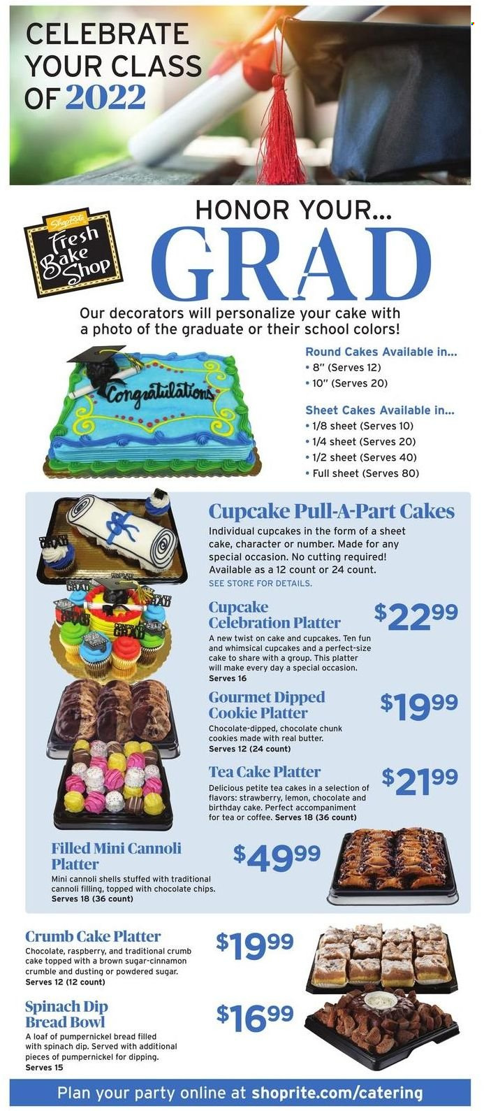 thumbnail - ShopRite Flyer - 05/29/2022 - 06/04/2022 - Sales products - bread, cake, cupcake, butter, spinach dip, cookies, Celebration, cane sugar, icing sugar, cinnamon, tea, bowl. Page 11.
