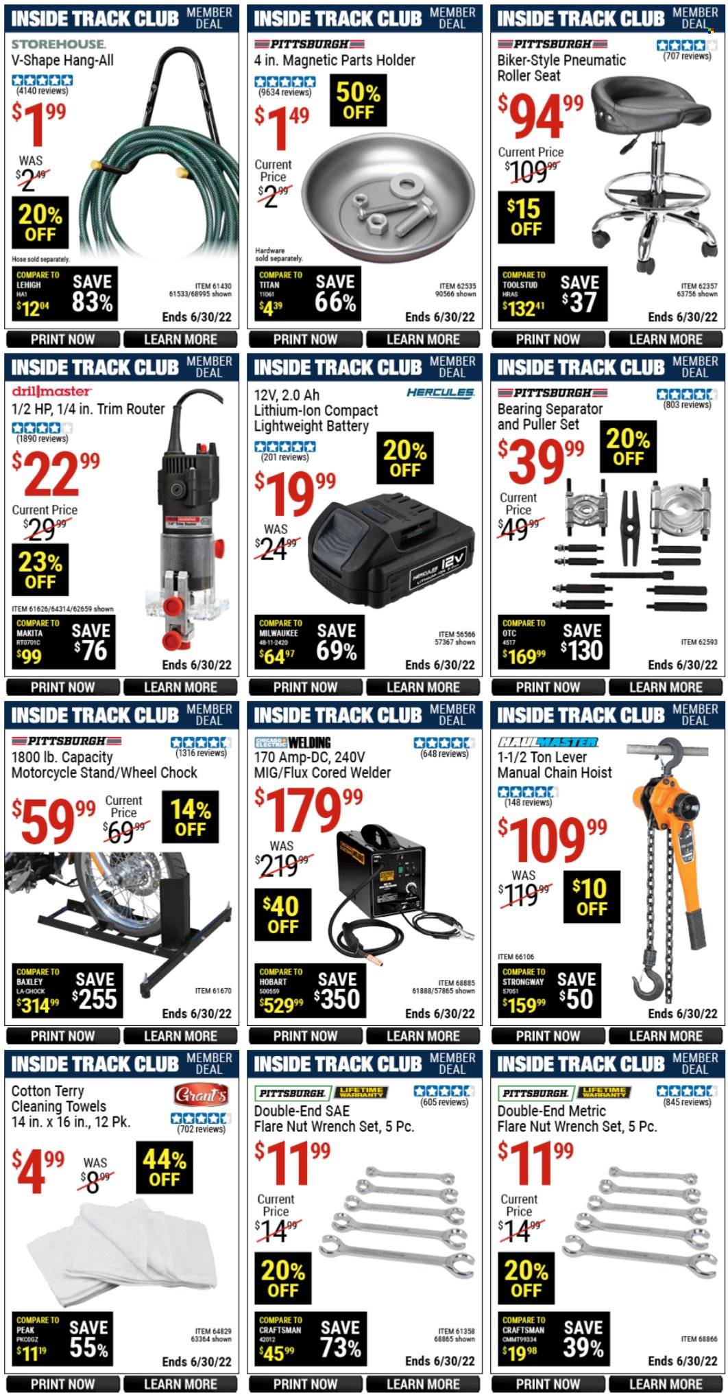 thumbnail - Harbor Freight Flyer - 05/28/2022 - 06/30/2022 - Sales products - holder, battery, roller, Milwaukee, wrench, wrench set, welder, parts holder. Page 7.