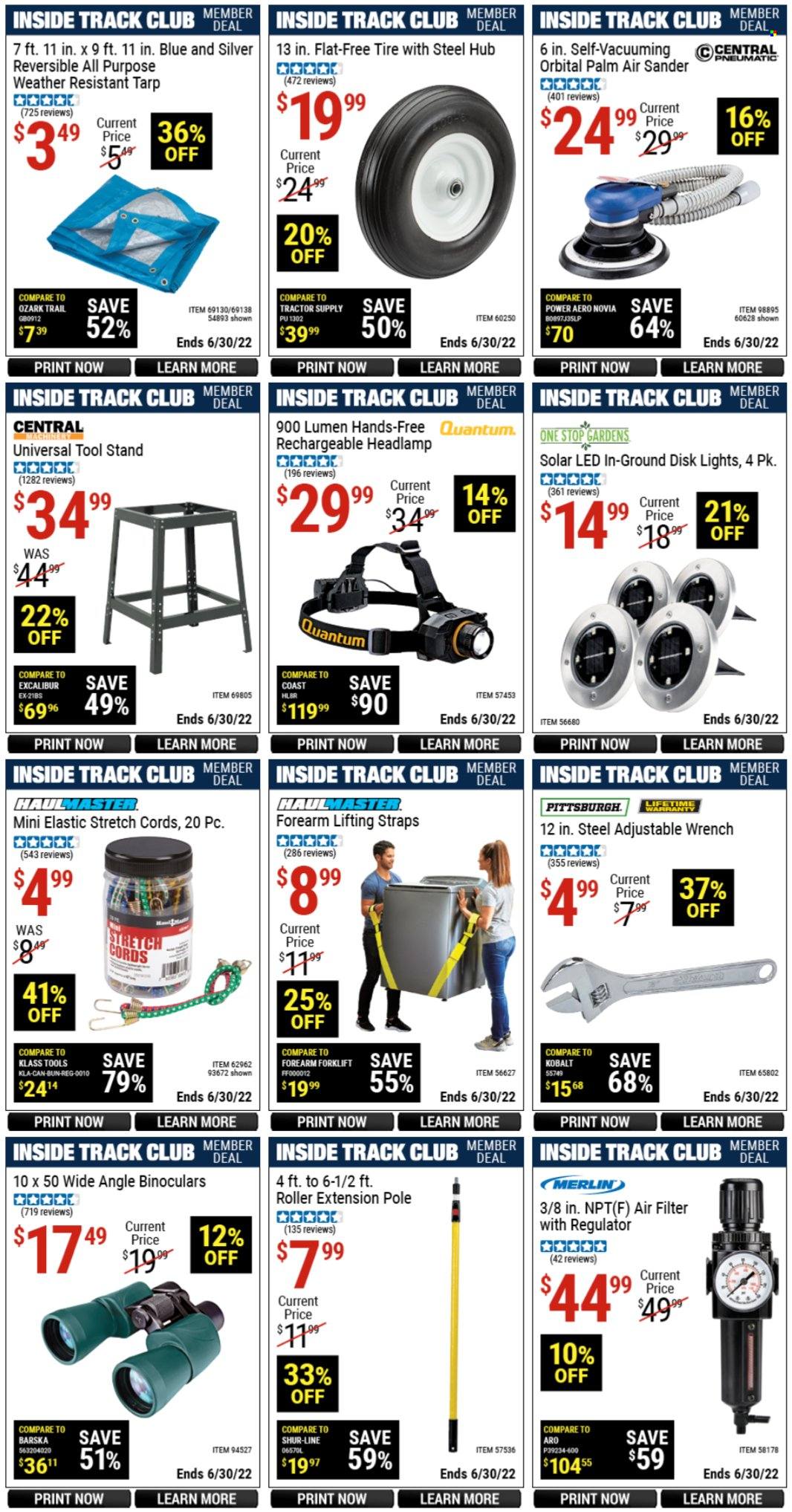 thumbnail - Harbor Freight Flyer - 05/28/2022 - 06/30/2022 - Sales products - binoculars, headlamp, roller, solar led, wrench, tractor, tool stand, air filter. Page 13.