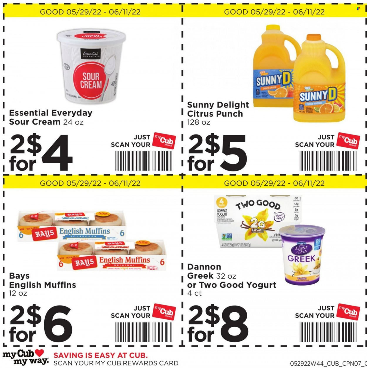thumbnail - Cub Foods Flyer - 05/29/2022 - 06/11/2022 - Sales products - english muffins, oranges, yoghurt, Dannon, sour cream, fruit punch. Page 9.