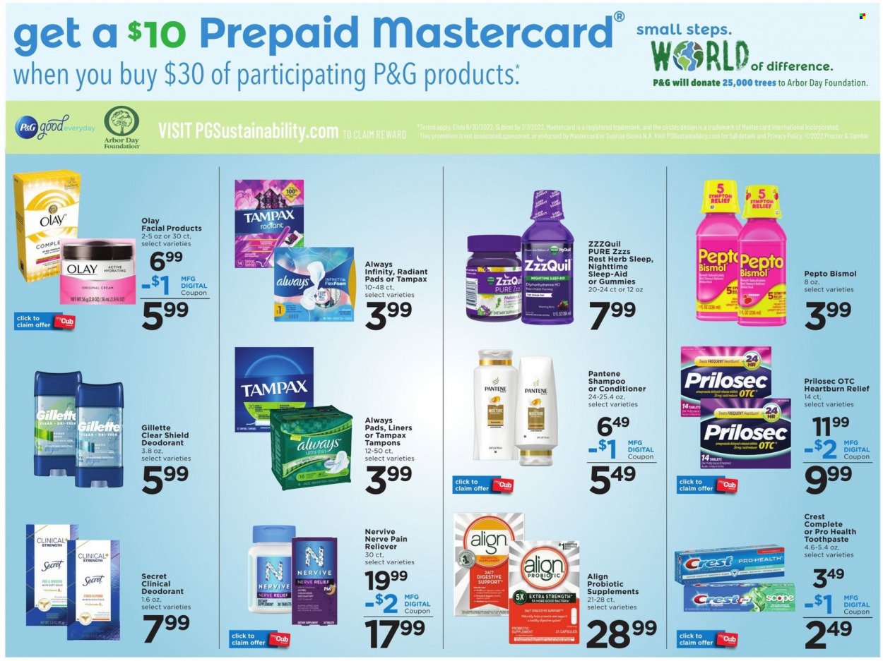 thumbnail - Cub Foods Flyer - 05/29/2022 - 06/04/2022 - Sales products - cherries, herbs, shampoo, toothpaste, Crest, Tampax, Always pads, tampons, Always Infinity, Olay, conditioner, Pantene, anti-perspirant, deodorant, Gillette, ZzzQuil. Page 10.