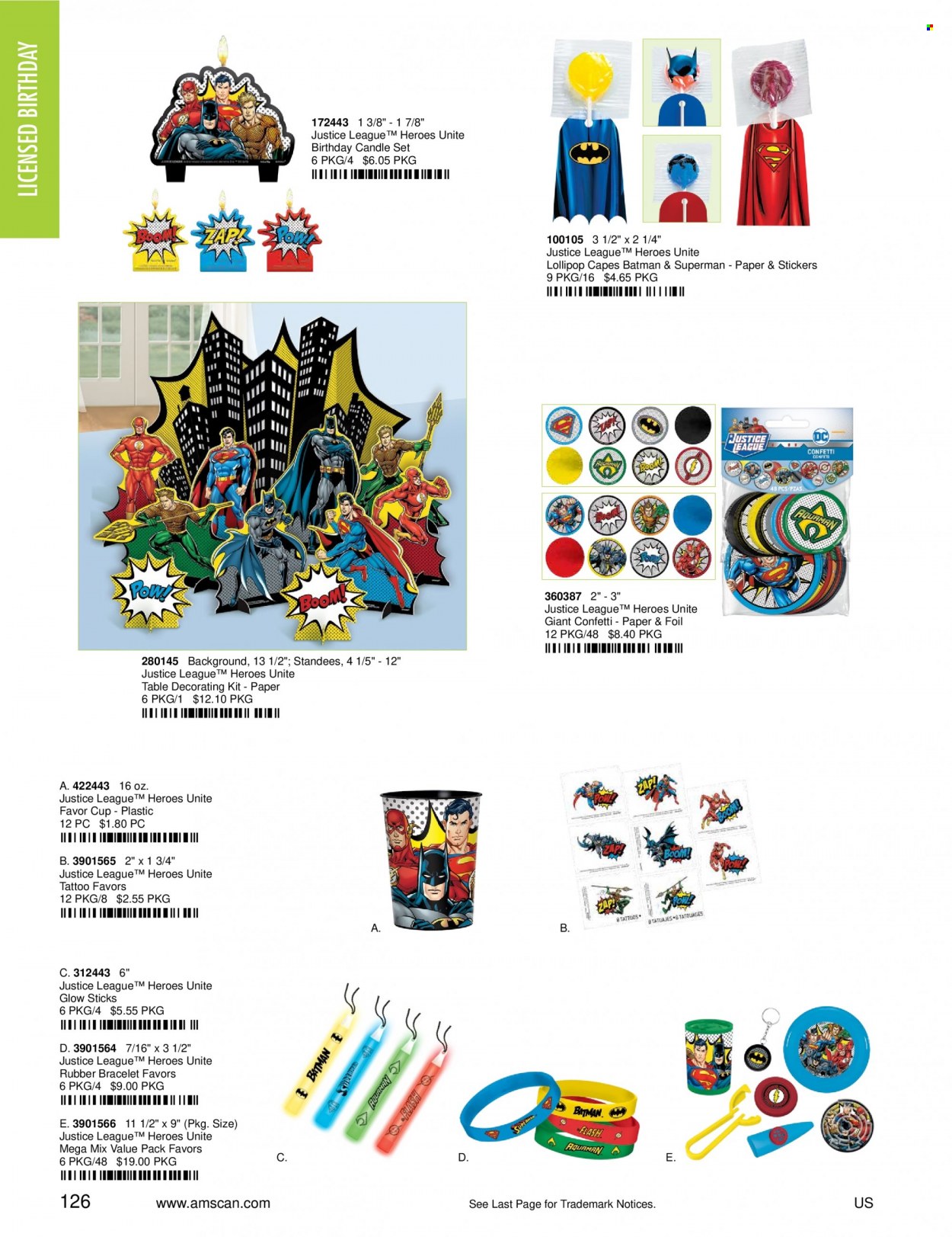 thumbnail - Amscan Flyer - Sales products - cup, sticker, Batman, paper, candle, superman. Page 128.