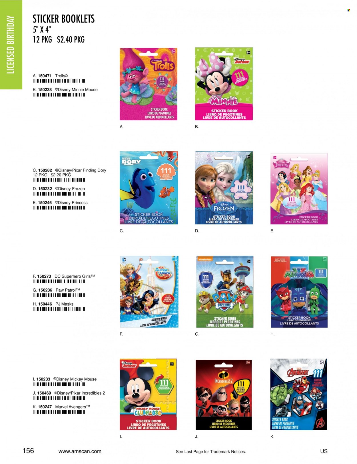 thumbnail - Amscan Flyer - Sales products - Disney, sticker, Mickey Mouse, Minnie Mouse, princess, Avengers. Page 158.