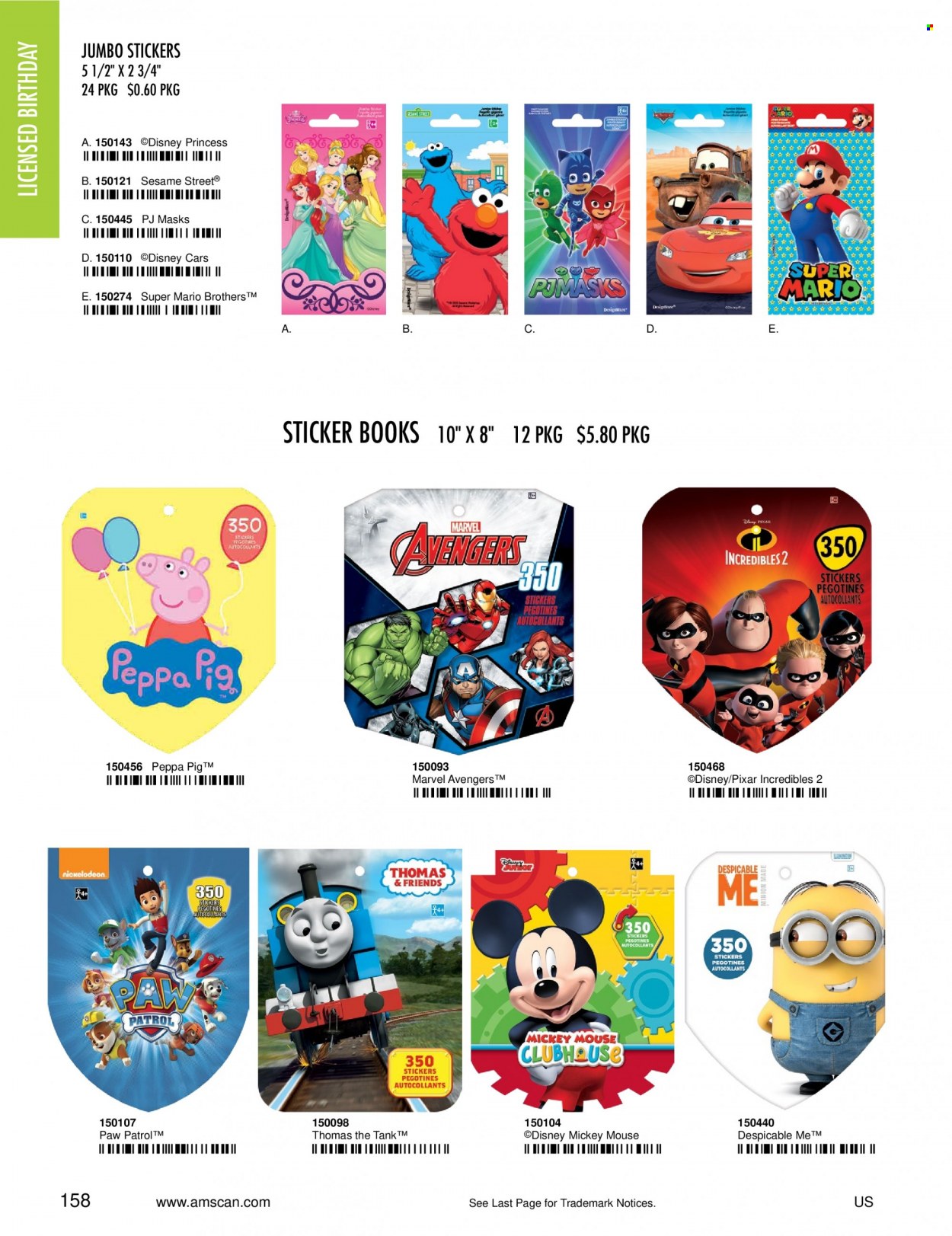 thumbnail - Amscan Flyer - Sales products - Disney, Peppa Pig, sticker, Mickey Mouse, Thomas & Friends, Paw Patrol, princess, Avengers. Page 160.