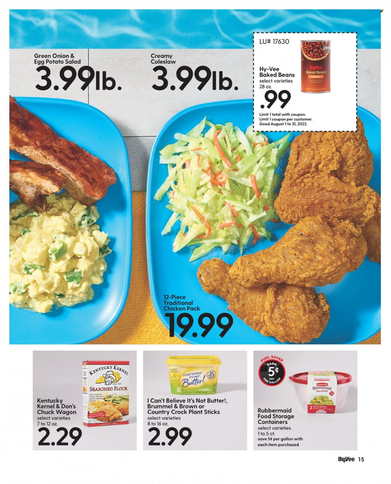 thumbnail - Hy-Vee Flyer - 08/01/2022 - 08/31/2022 - Sales products - beans, salad, green onion, seafood, coleslaw, potato salad, eggs, butter, I Can't Believe It's Not Butter, flour, baked beans, storage box, wagon. Page 17.