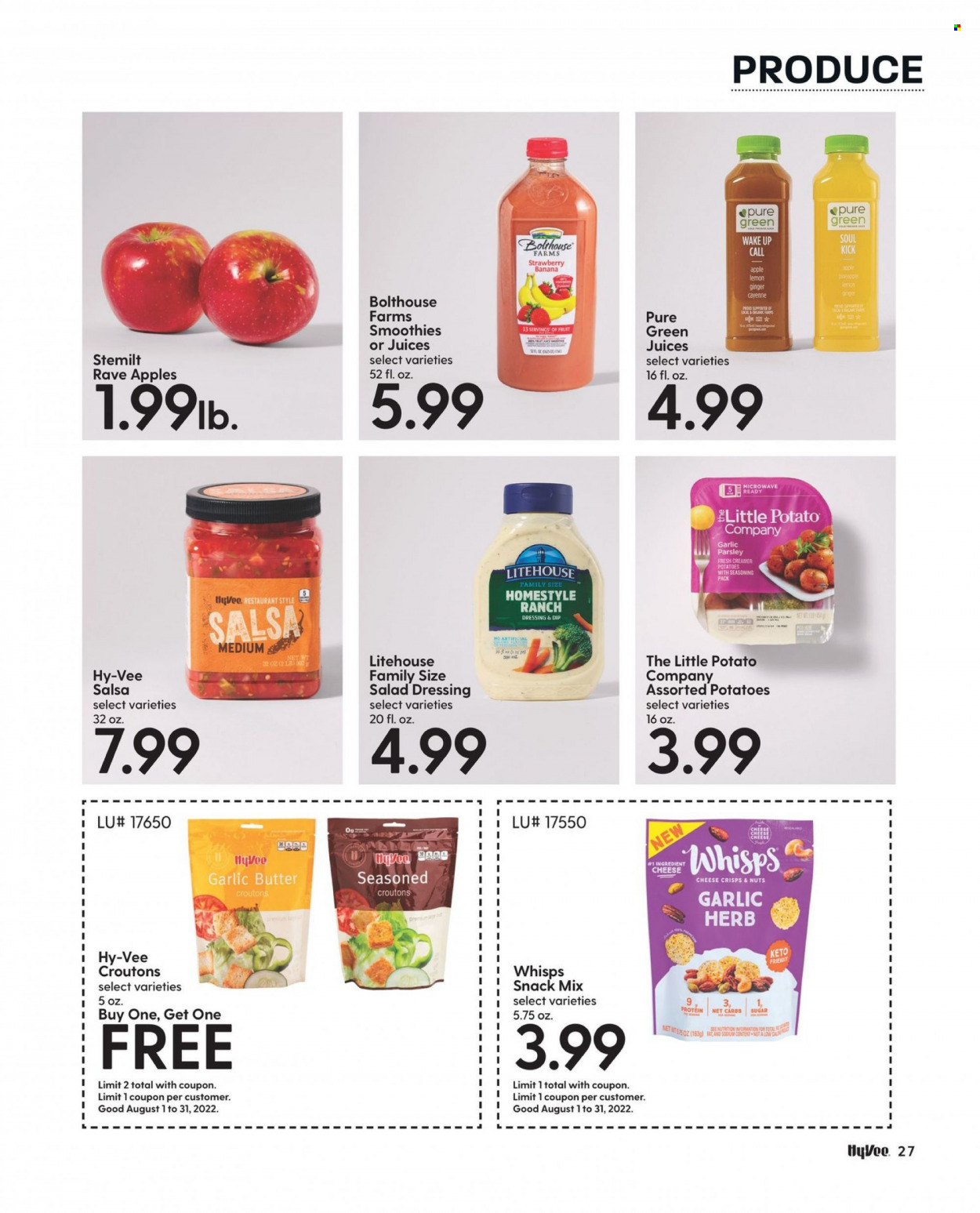 thumbnail - Hy-Vee Flyer - 08/01/2022 - 08/31/2022 - Sales products - ginger, potatoes, parsley, apples, pineapple, butter, ranch dressing, dip, snack, croutons, sugar, spice, herbs, salad dressing, dressing, salsa, juice, smoothie. Page 29.