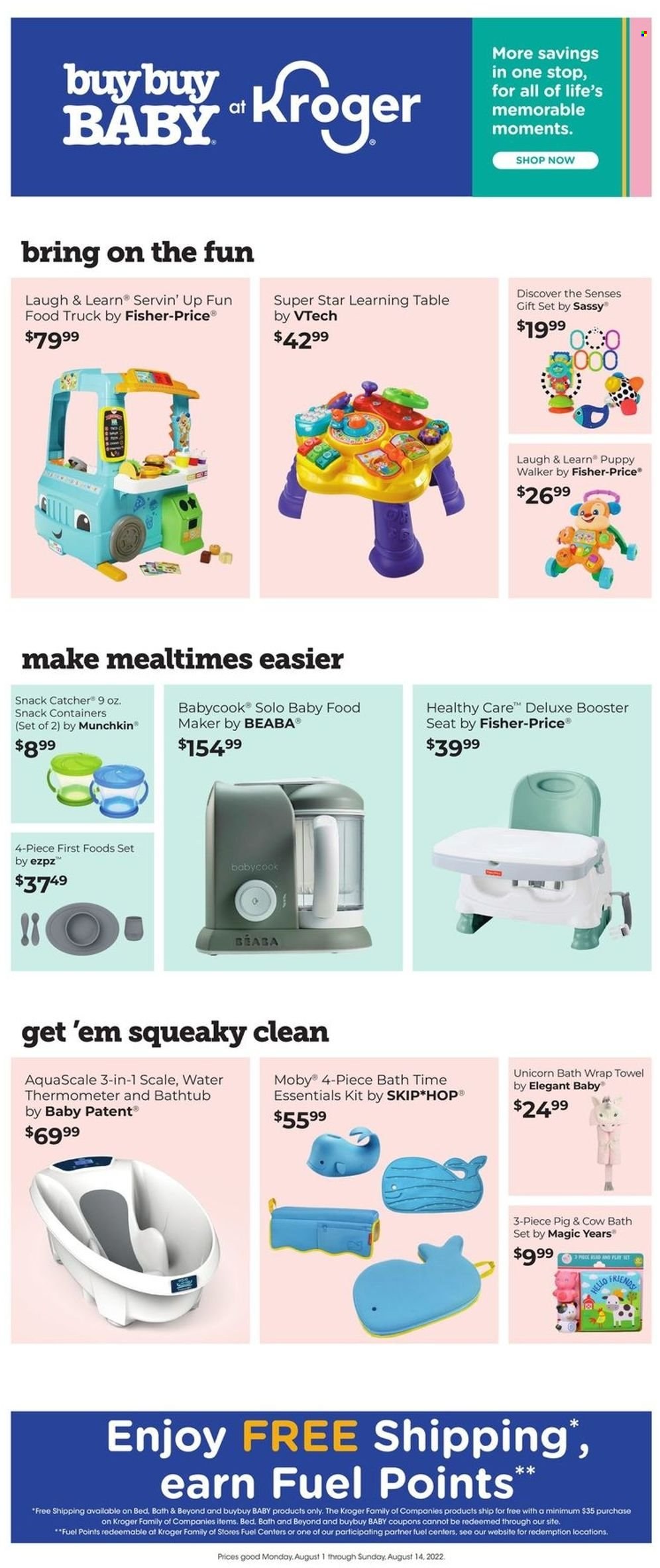 thumbnail - Kroger Flyer - 08/01/2022 - 08/14/2022 - Sales products - table, bed, scale, gift set, snack, thermometer, towel, Moments, Vtech, play set, Fisher-Price. Page 2.