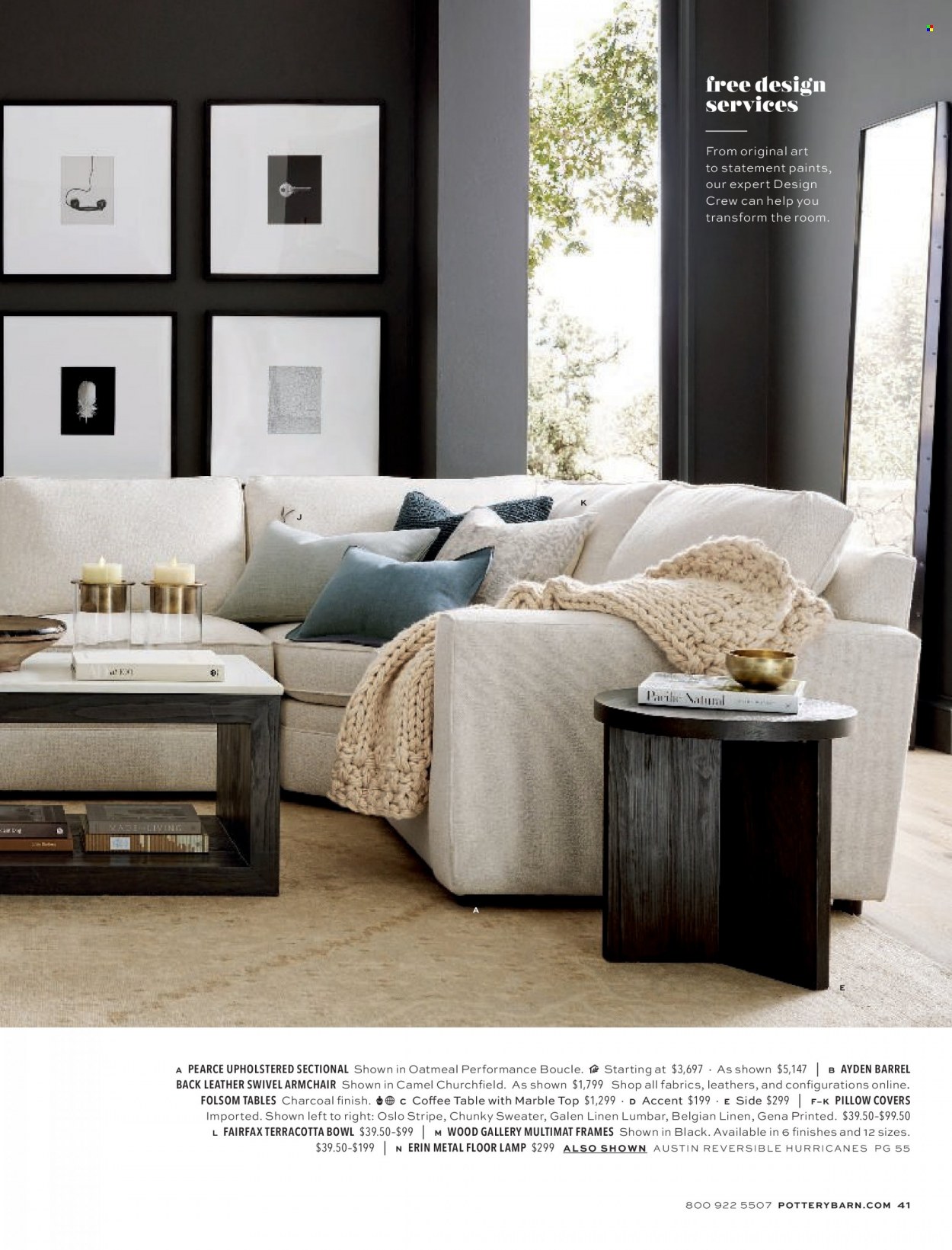thumbnail - Pottery Barn Flyer - Sales products - table, arm chair, coffee table, bowl, linens, pillow cover, lamp, floor lamp. Page 41.