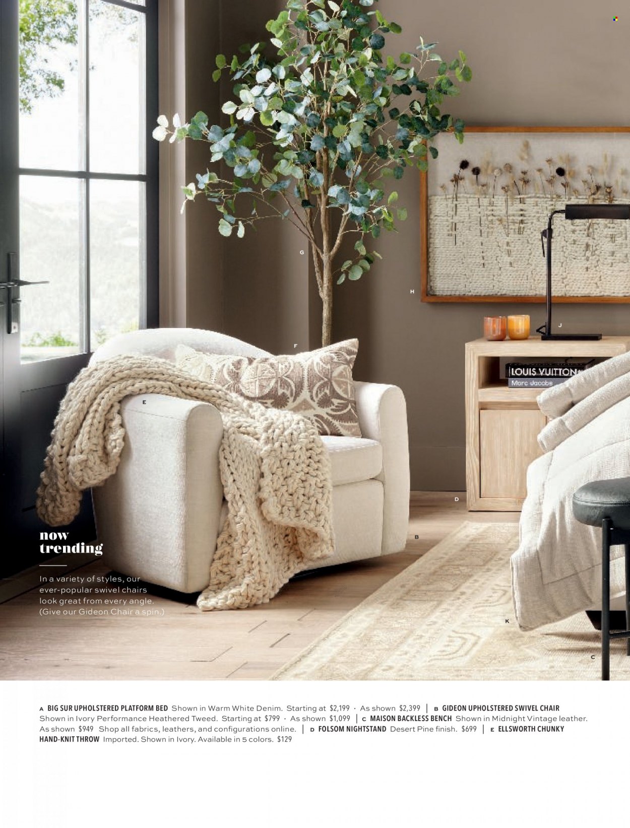 thumbnail - Pottery Barn Flyer - Sales products - chair, bench, swivel chair, nightstand, Marc Jacobs. Page 60.