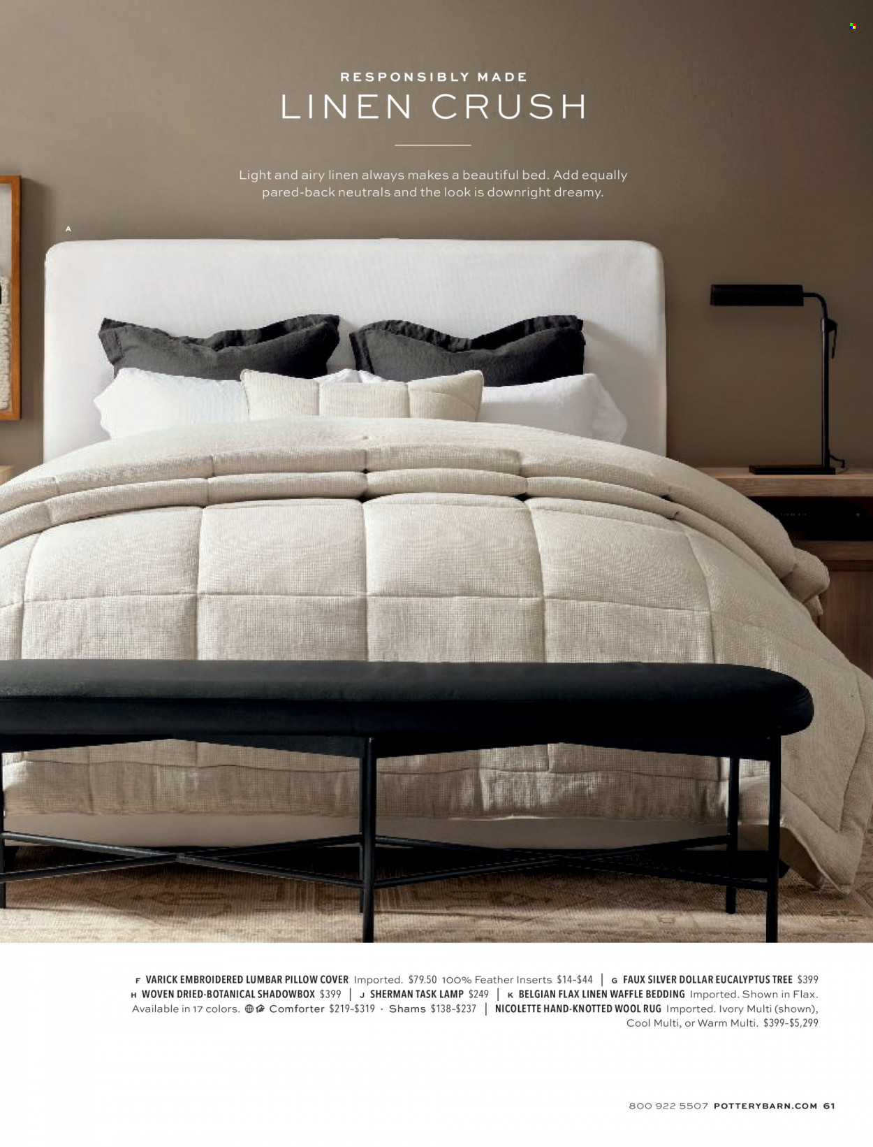 thumbnail - Pottery Barn Flyer - Sales products - bed, bedding, comforter, linens, pillow cover, lamp, task lamp, rug, wool rug. Page 61.