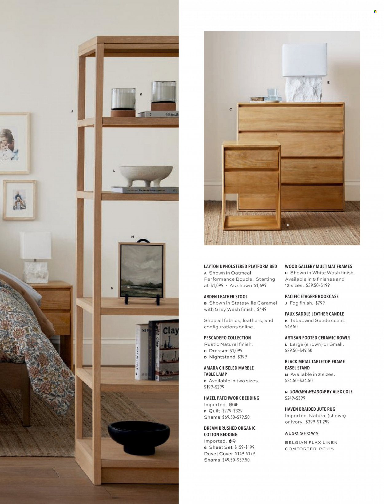thumbnail - Pottery Barn Flyer - Sales products - stool, bookcase, dresser, nightstand, candle, bedding, duvet, quilt, lamp, table lamp, rug. Page 67.