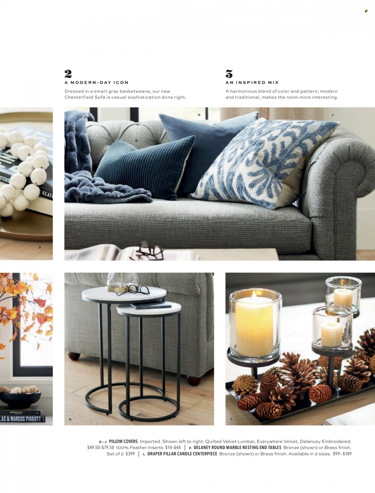 thumbnail - Pottery Barn Flyer - Sales products - table, sofa, end table, candle, pillow cover. Page 79.