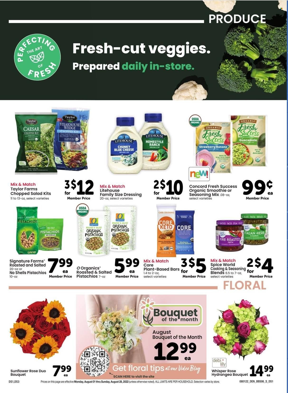 thumbnail - Safeway Flyer - 08/01/2022 - 08/28/2022 - Sales products - tacos, salad, chopped salad, steak, seafood, pasta, fajita, ranch dressing, dip, guacamole, spice, herbs, dressing, pistachios, smoothie, wine, rosé wine, Whisper, bouquet, rose. Page 6.