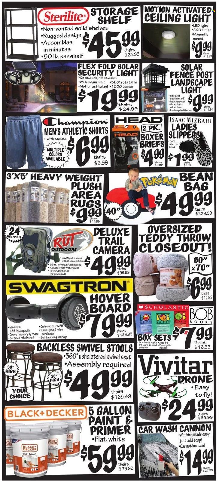 thumbnail - Ollie's Bargain Outlet Flyer - 08/10/2022 - 08/25/2022 - Sales products - soap, book, Black & Decker, shorts, sherpa, briefs, teddy, LED light, Vivitar, ceiling lamp, rug, area rug. Page 2.