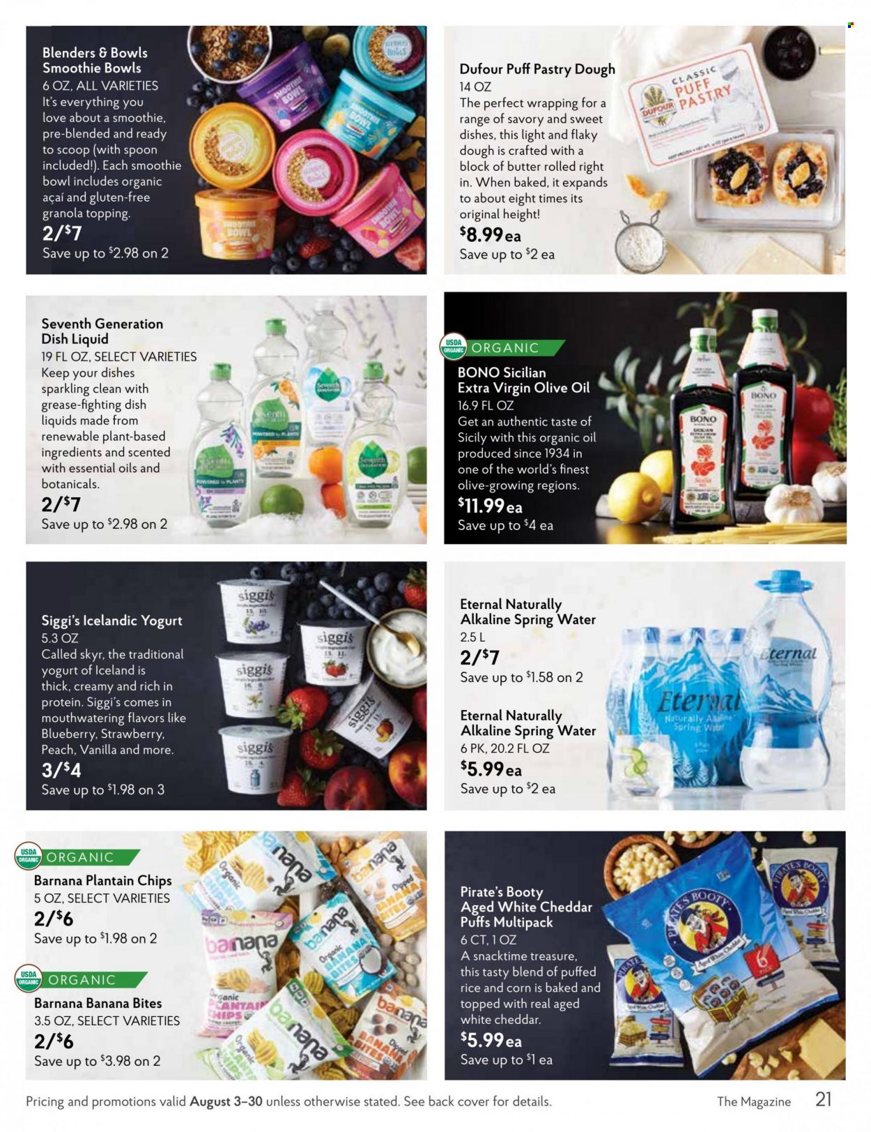 thumbnail - Fresh Market Flyer - 08/01/2022 - 08/31/2022 - Sales products - cheese, yoghurt, butter, chips, Snacktime, topping, granola, rice, extra virgin olive oil, olive oil, oil, spring water, dishwashing liquid, Nana, spoon, essential oils. Page 21.