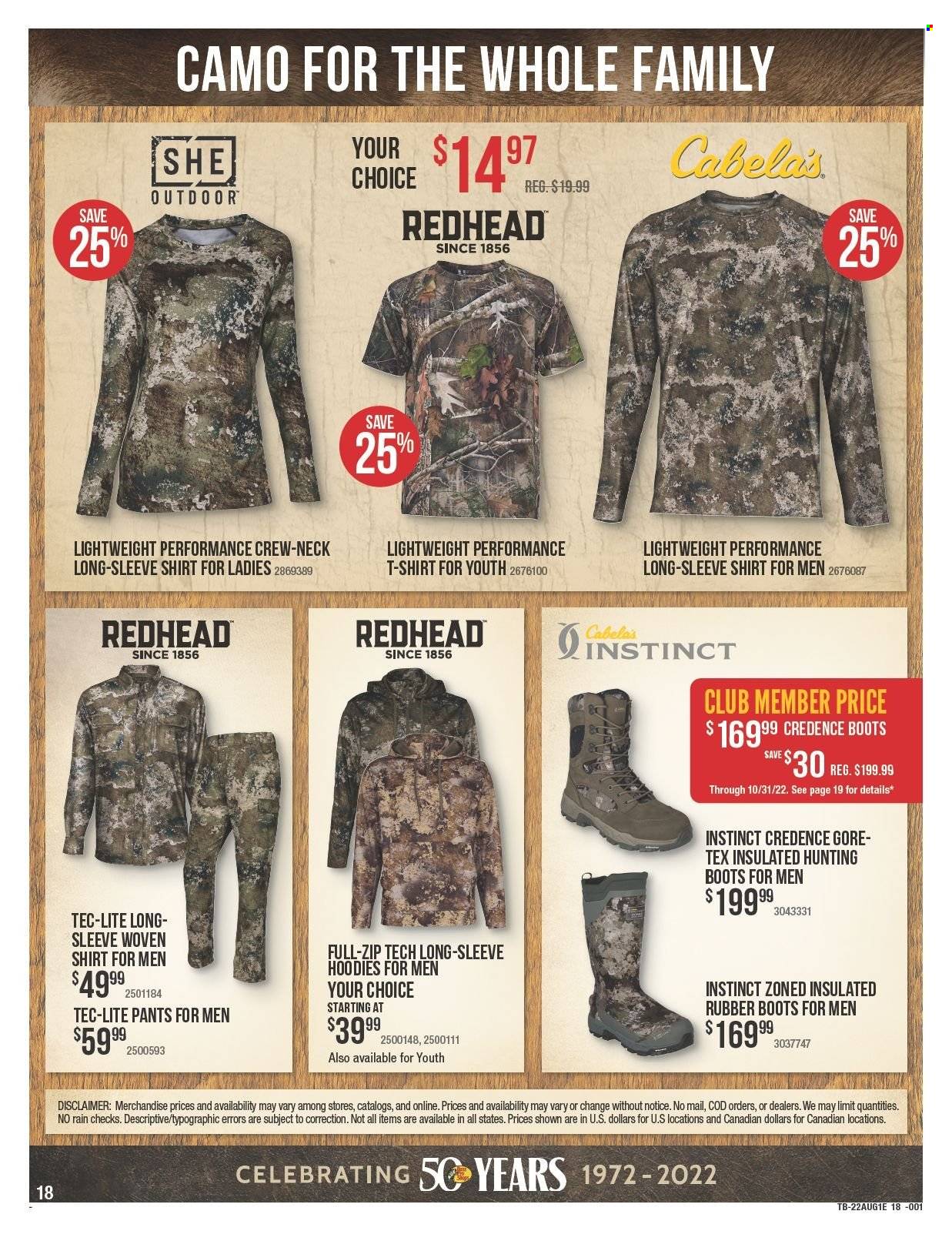 thumbnail - Bass Pro Shops Flyer - 08/04/2022 - 08/17/2022 - Sales products - boots, hunting boots, hoodie, pants, long-sleeve shirt, t-shirt, woven shirt, rubber boots. Page 18.