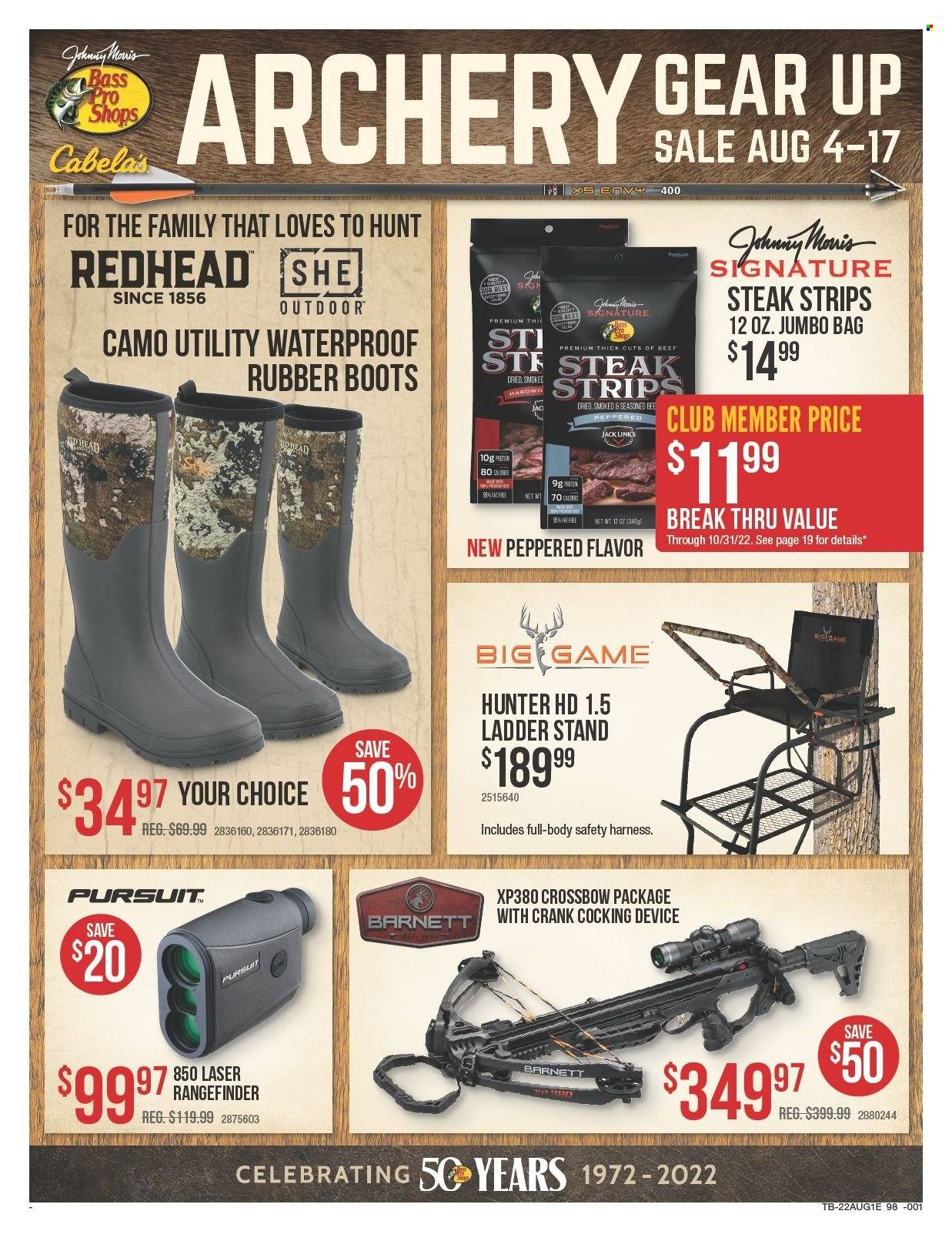 thumbnail - Bass Pro Shops Flyer - 08/04/2022 - 08/17/2022 - Sales products - boots, bag, Hunter, Bass Pro, crossbow, rubber boots. Page 20.