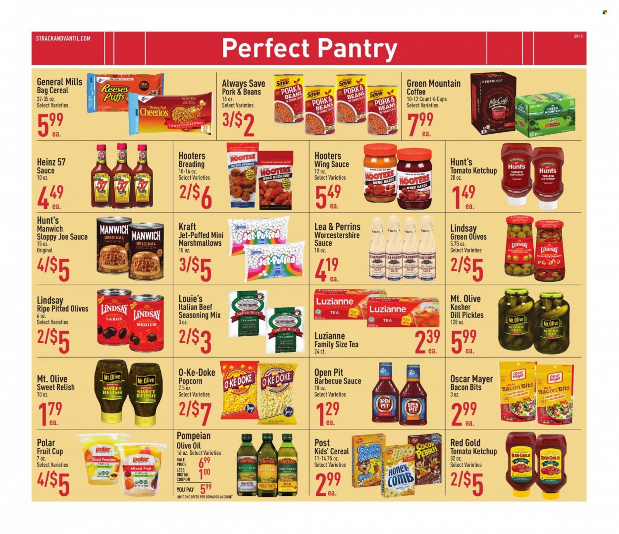 thumbnail - Strack & Van Til Flyer - 08/03/2022 - 09/06/2022 - Sales products - puffs, seafood, Kraft®, bacon bits, Oscar Mayer, Reese's, marshmallows, popcorn, cocoa, Heinz, pickles, olives, Manwich, cereals, Cheerios, dill, spice, BBQ sauce, worcestershire sauce, ketchup, wing sauce, extra virgin olive oil, olive oil, oil, syrup, tea, coffee, coffee capsules, McCafe, K-Cups, Keurig, Green Mountain, beer, Jet, comb, peaches. Page 9.