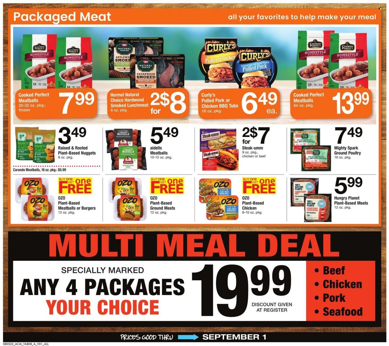 thumbnail - ACME Flyer - 08/05/2022 - 09/01/2022 - Sales products - seafood, meatballs, sandwich, nuggets, pulled pork, Hormel, sausage, italian sausage, lunch meat, cane sugar, pork meat. Page 8.