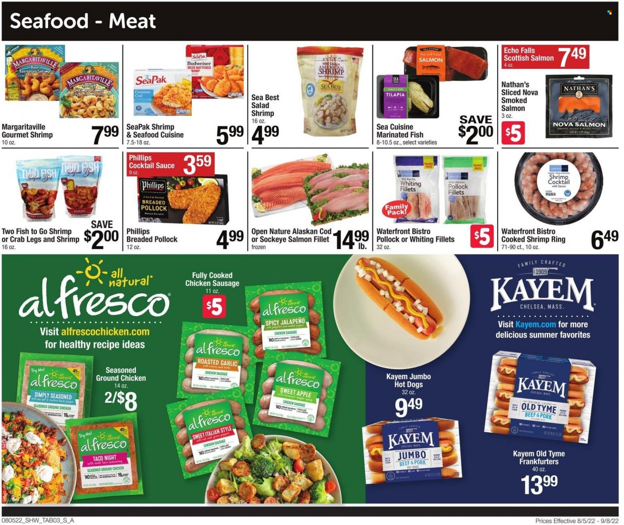 thumbnail - Shaw’s Flyer - 08/05/2022 - 09/08/2022 - Sales products - onion, jalapeño, coconut, cod, salmon, salmon fillet, smoked salmon, tilapia, pollock, seafood, crab legs, crab, fish, shrimps, whiting fillets, hot dog, sausage, chicken sausage, black pepper, spice, cocktail sauce, maple syrup, syrup, beer, ground chicken, Budweiser. Page 3.