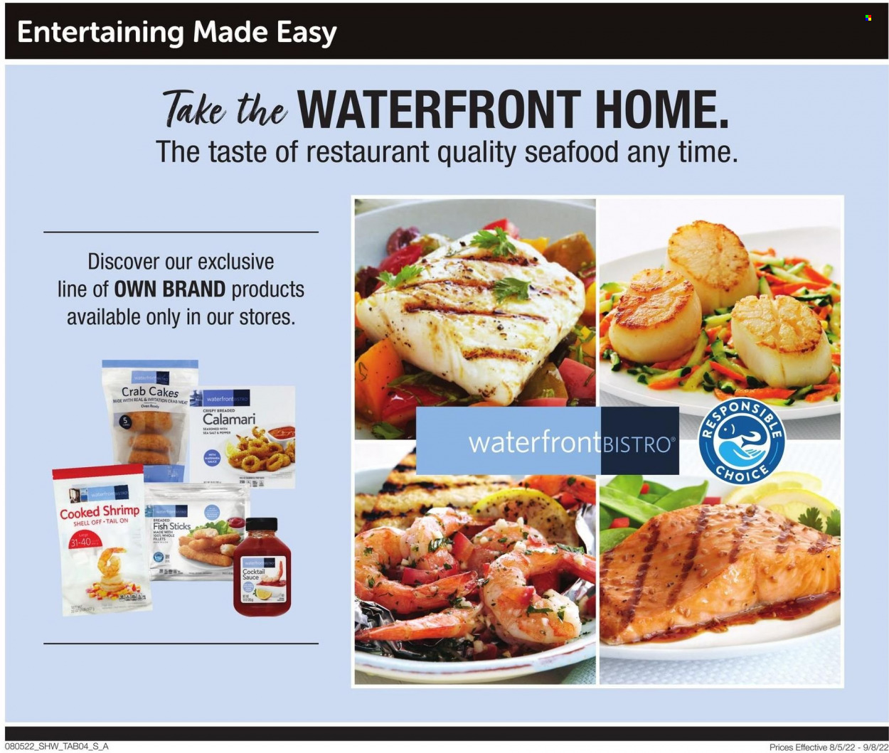 thumbnail - Shaw’s Flyer - 08/05/2022 - 09/08/2022 - Sales products - calamari, crab meat, seafood, fish, shrimps, fish fingers, fish sticks, crab cake, sauce, breaded fish, sea salt, cocktail sauce. Page 4.