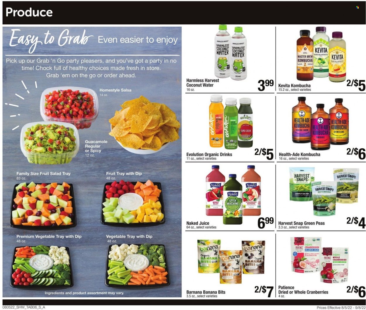 thumbnail - Shaw’s Flyer - 08/05/2022 - 09/08/2022 - Sales products - pineapple, guacamole, cheddar, cheese, chocolate, snack, dark chocolate, Harvest Snaps, cranberries, fruit salad, salsa, juice, coconut water, kombucha, KeVita, Sharp, pomegranate. Page 6.