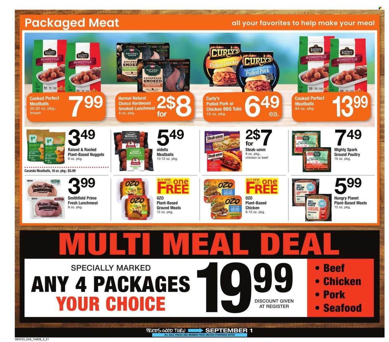 thumbnail - Safeway Flyer - 08/05/2022 - 09/01/2022 - Sales products - onion, pork meat, seafood, meatballs, sandwich, nuggets, pulled pork, Hormel, sausage, italian sausage, lunch meat, cane sugar. Page 8.
